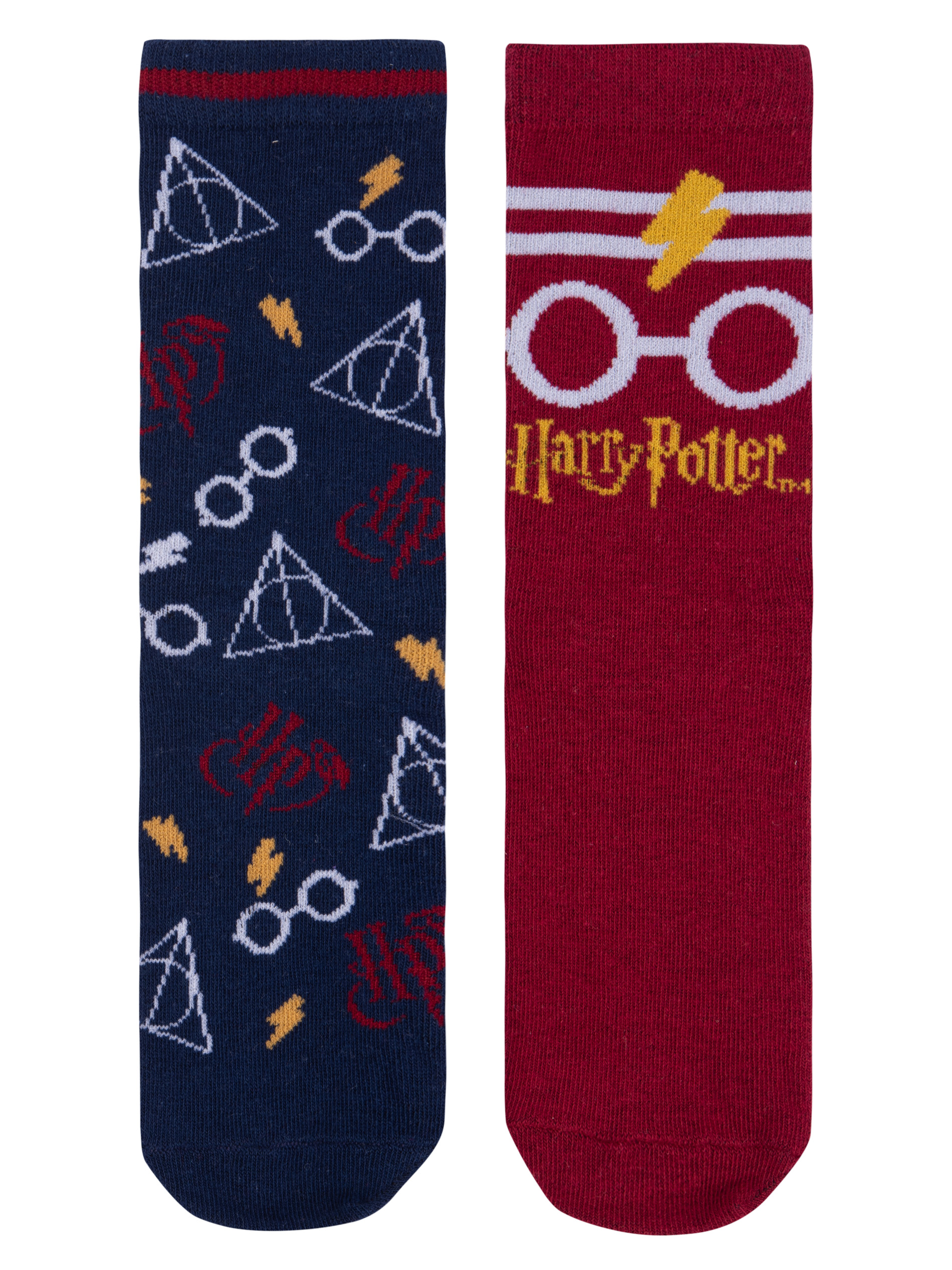 Zwei Paar Harry Potter Socken. Ein Paar ist marineblau mit Symbolen, das andere bordeauxrot mit Text.