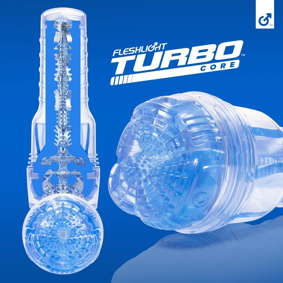 Ein Fleshlight Turbo Core, aufgeschnitten und zusammengebaut, mit blauen Akzenten vor blauem Hintergrund. Zeigt die innere Struktur.