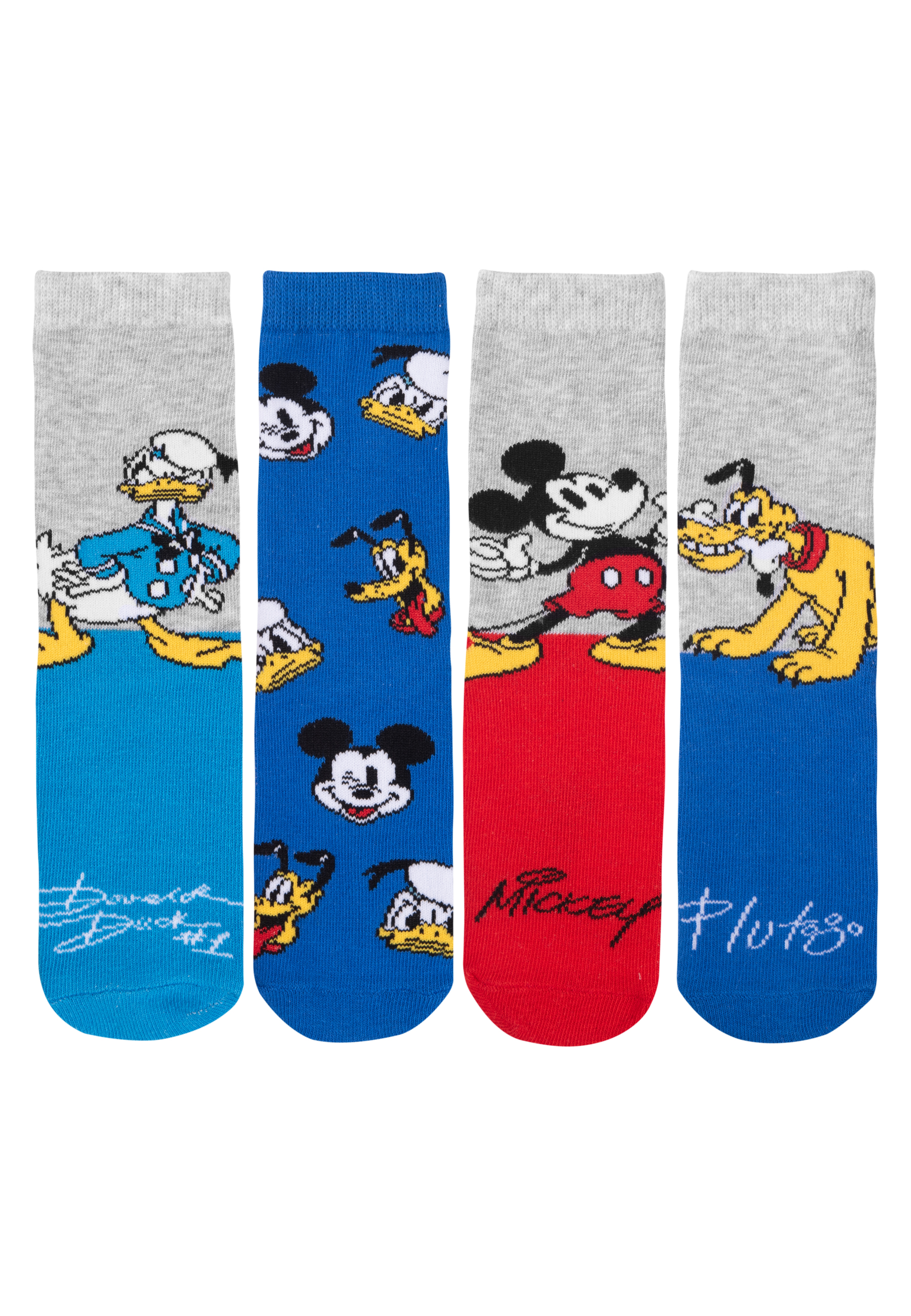 Vier Socken mit Disney-Cartoonfiguren: Donald Duck, Micky Maus und Pluto.