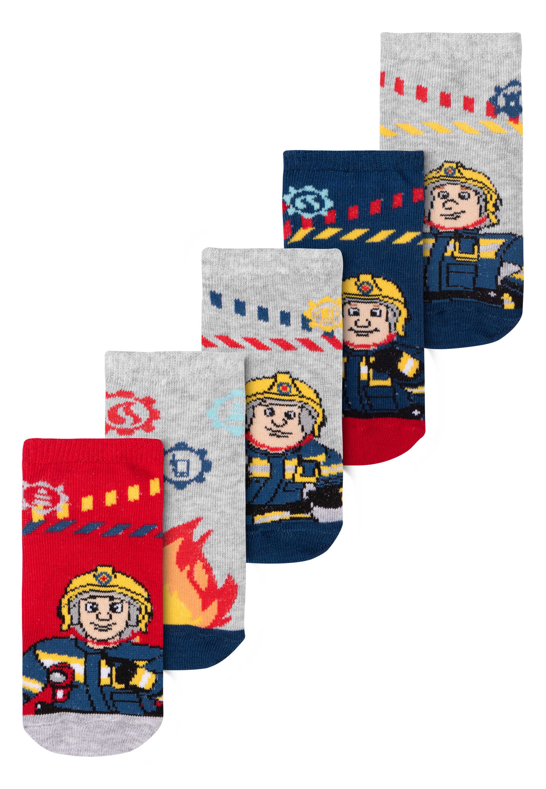 Fünf Paar bunte Socken mit Feuerwehr-Designs. Socken haben rote, graue und blaue Farben.