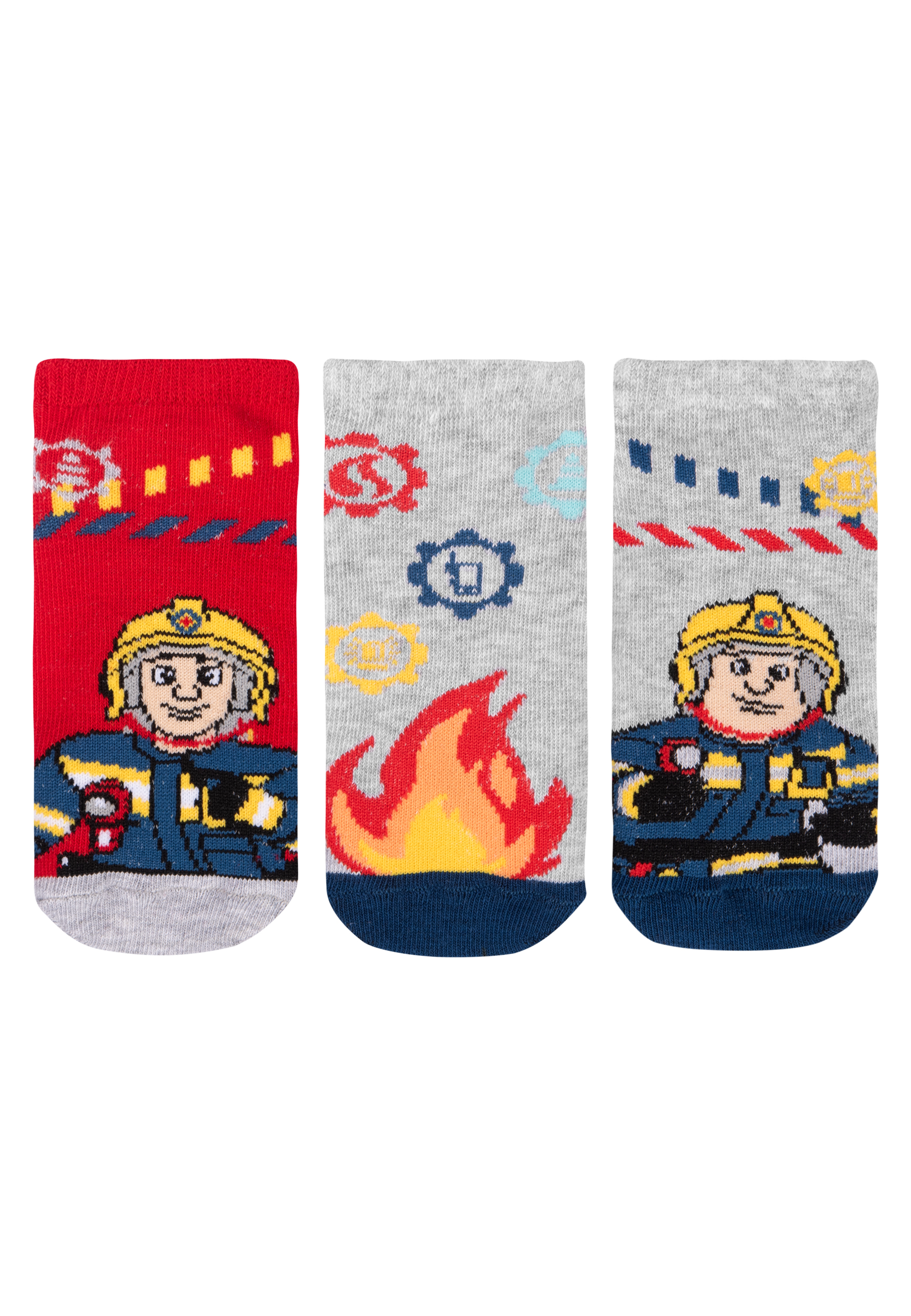 Drei Socken mit Feuerwehrleuten. Jede Socke hat ein anderes Design.