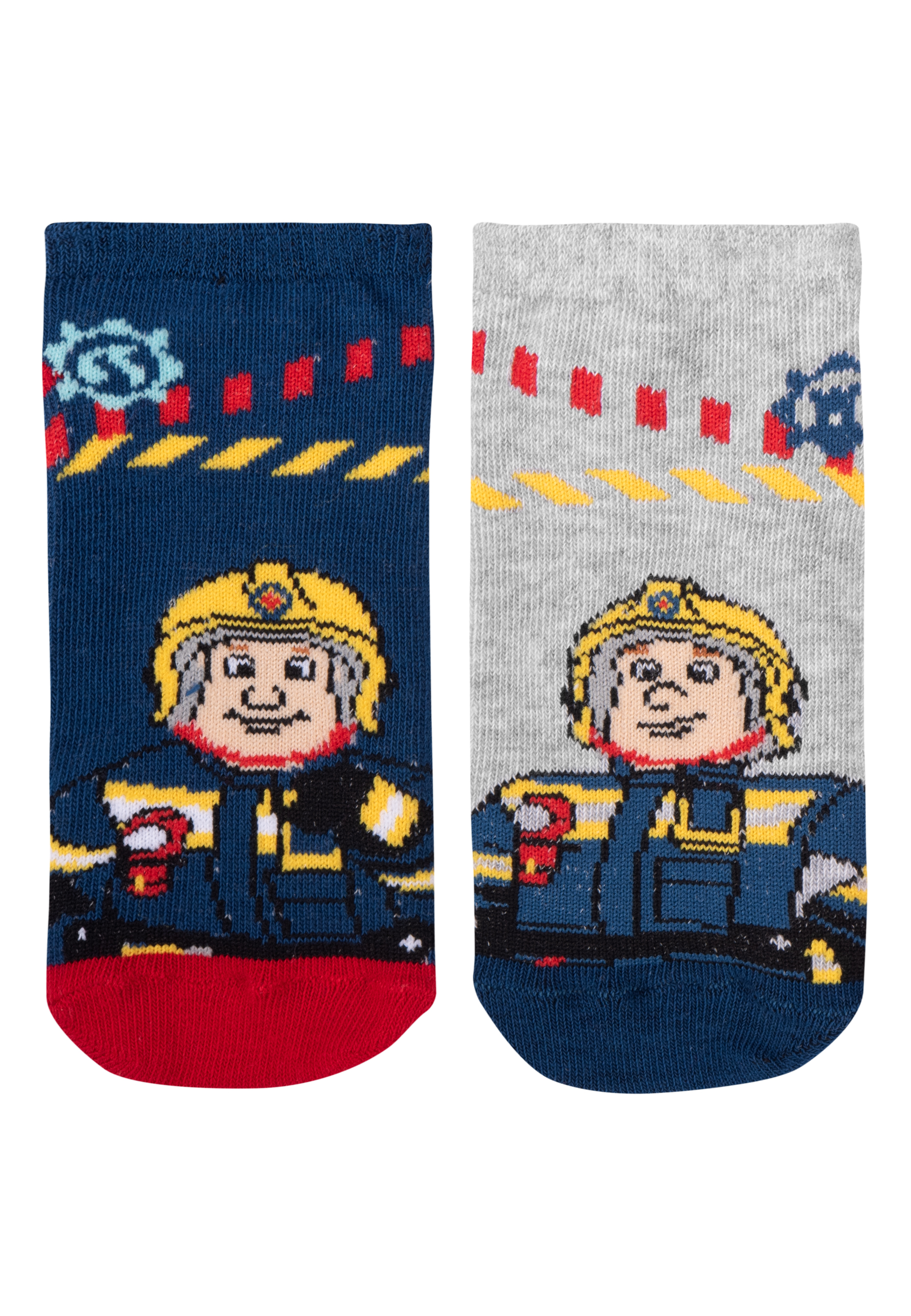 Ein Paar Socken mit Feuerwehr-Design auf weißem Hintergrund.