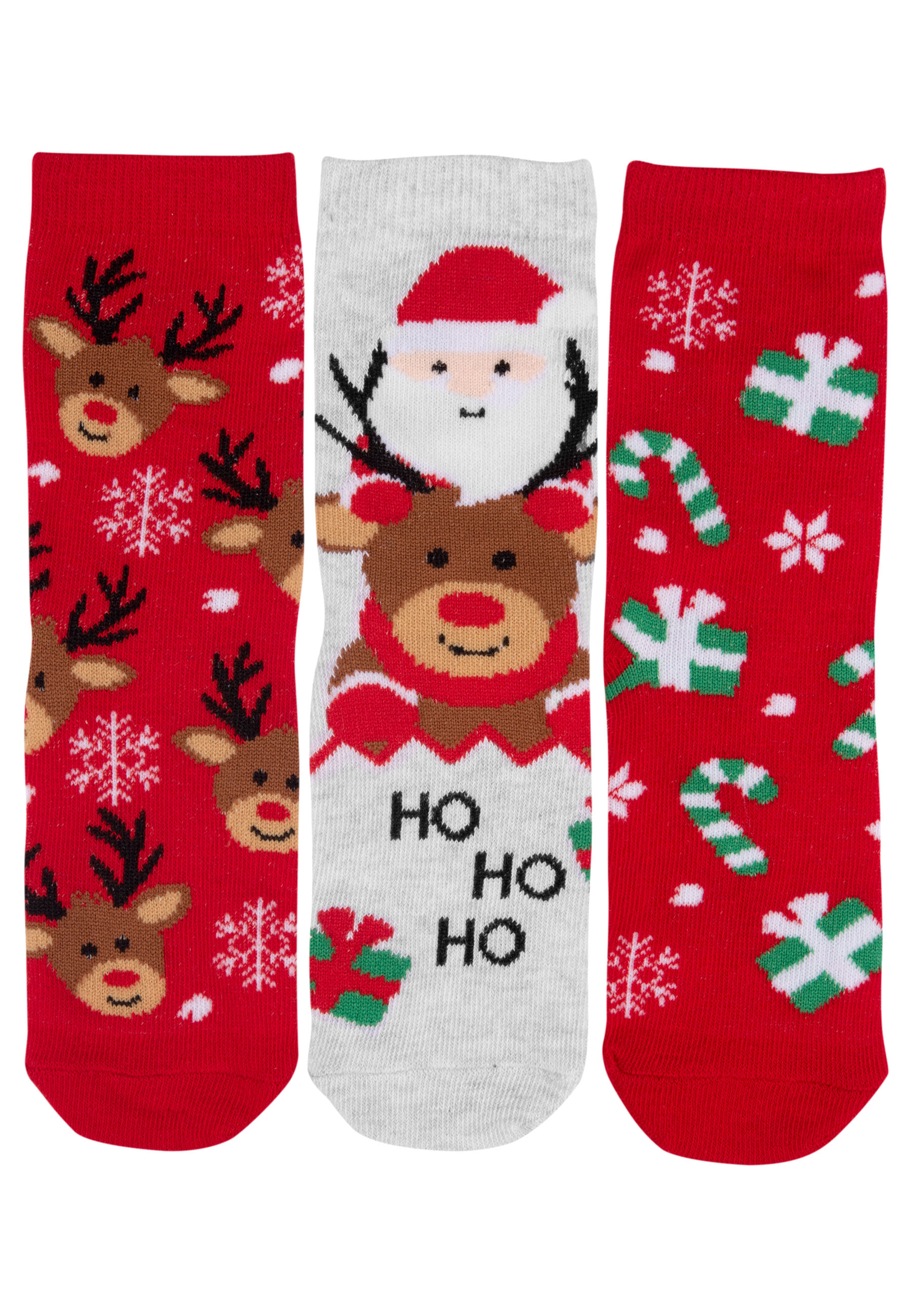 Drei Weihnachtssocken, rot mit Rentieren, Weihnachtsmann und Geschenken, weißer HG.