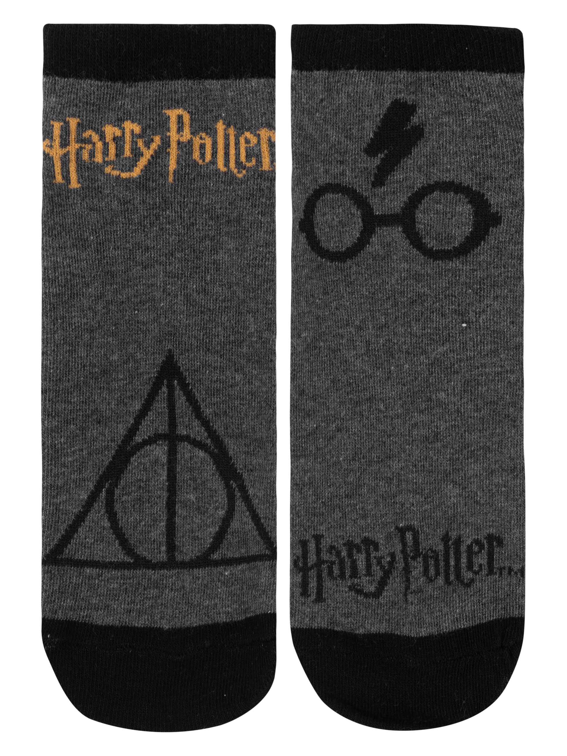 Paar Harry Potter Socken, eine mit Brille und Blitz, die andere mit Symbol.