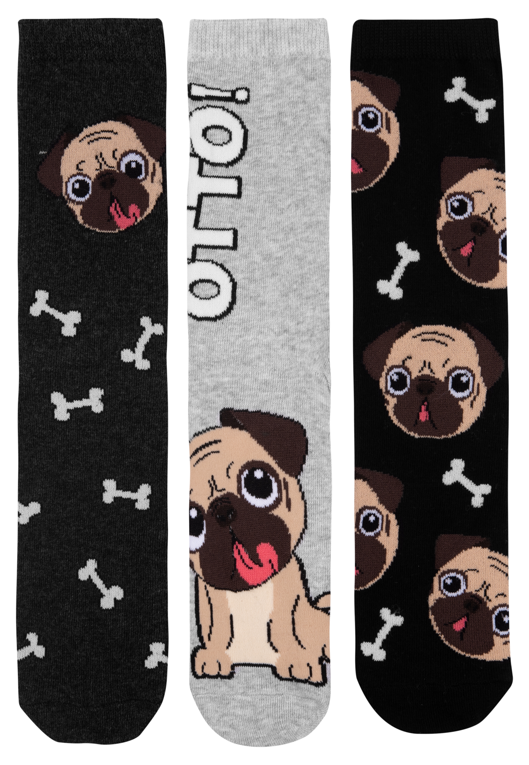 Drei Paar Socken mit Mops-Designs und dem Wort 'Hallo'.