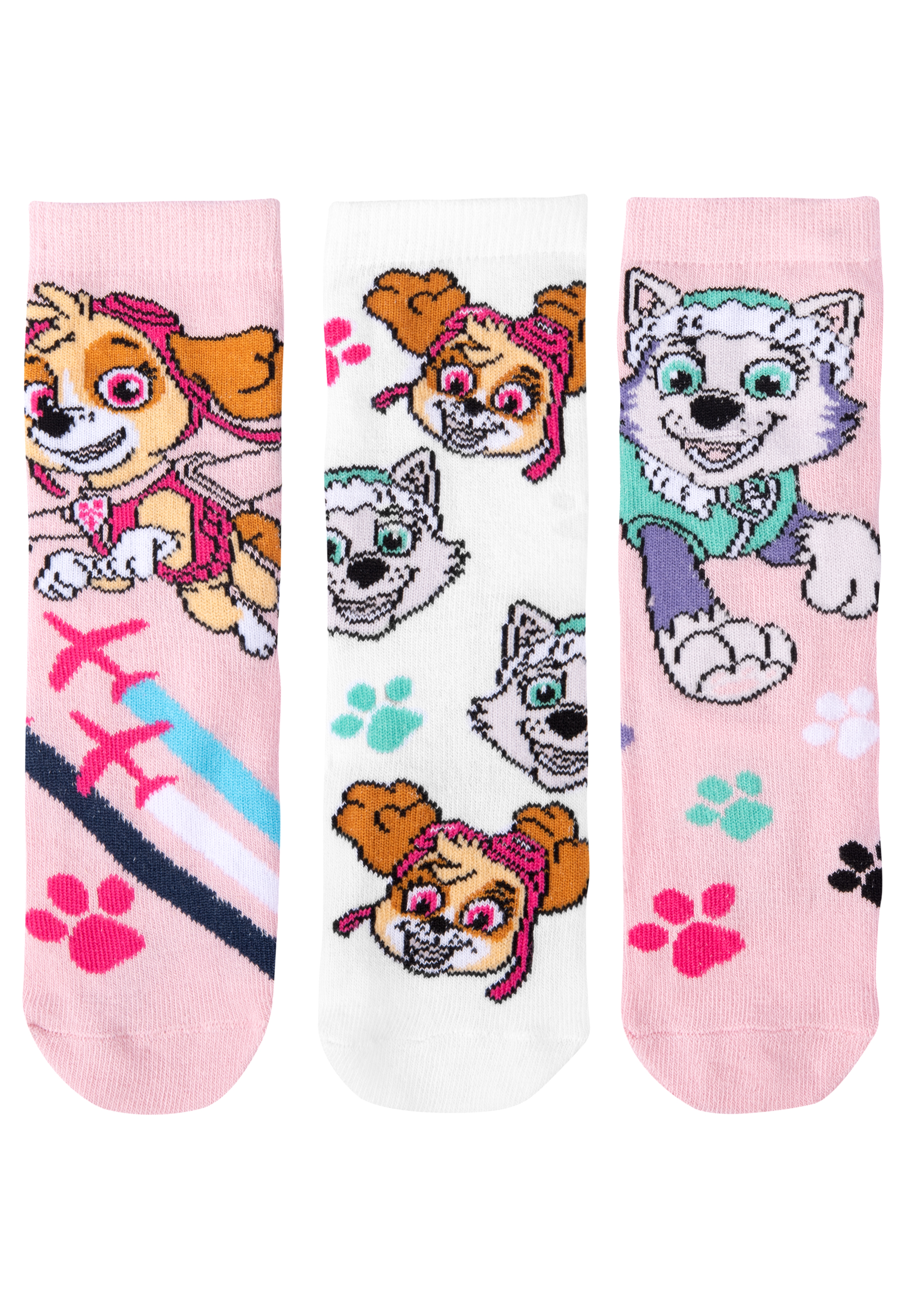 Drei Paar Paw Patrol Socken mit unterschiedlichen Charakterdesigns auf pinkfarbenem Hintergrund.