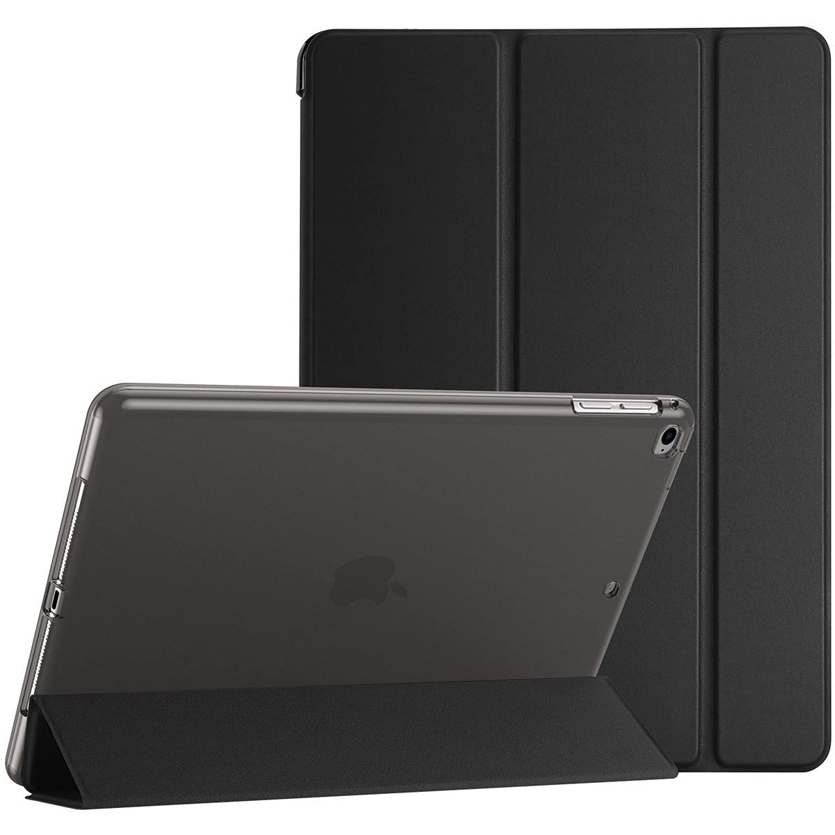 Schwarzes iPad mit Hülle. Zwei Seiten sind sichtbar.