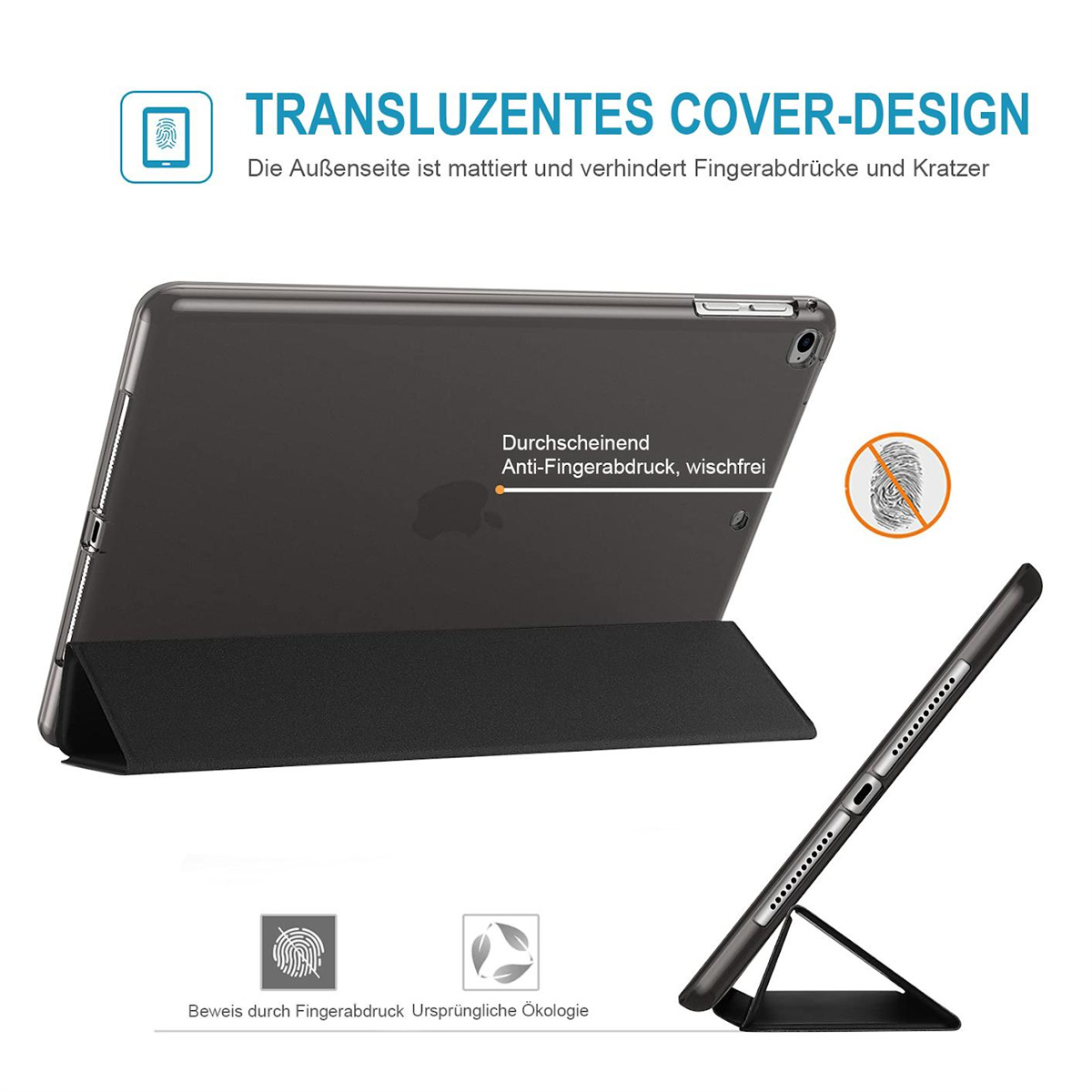iPad-Hülle, transparente Hülle und schwarze Basis. Weißer Hintergrund.