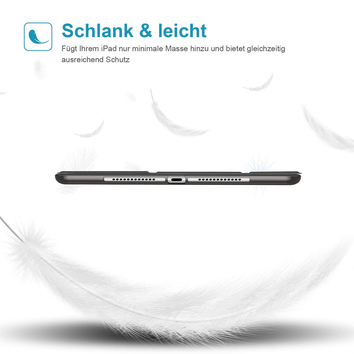 Schwarze Tablet-Hülle. Sie ist schwarz und hat ein schlankes Design. Weiße Federn umgeben die Hülle.