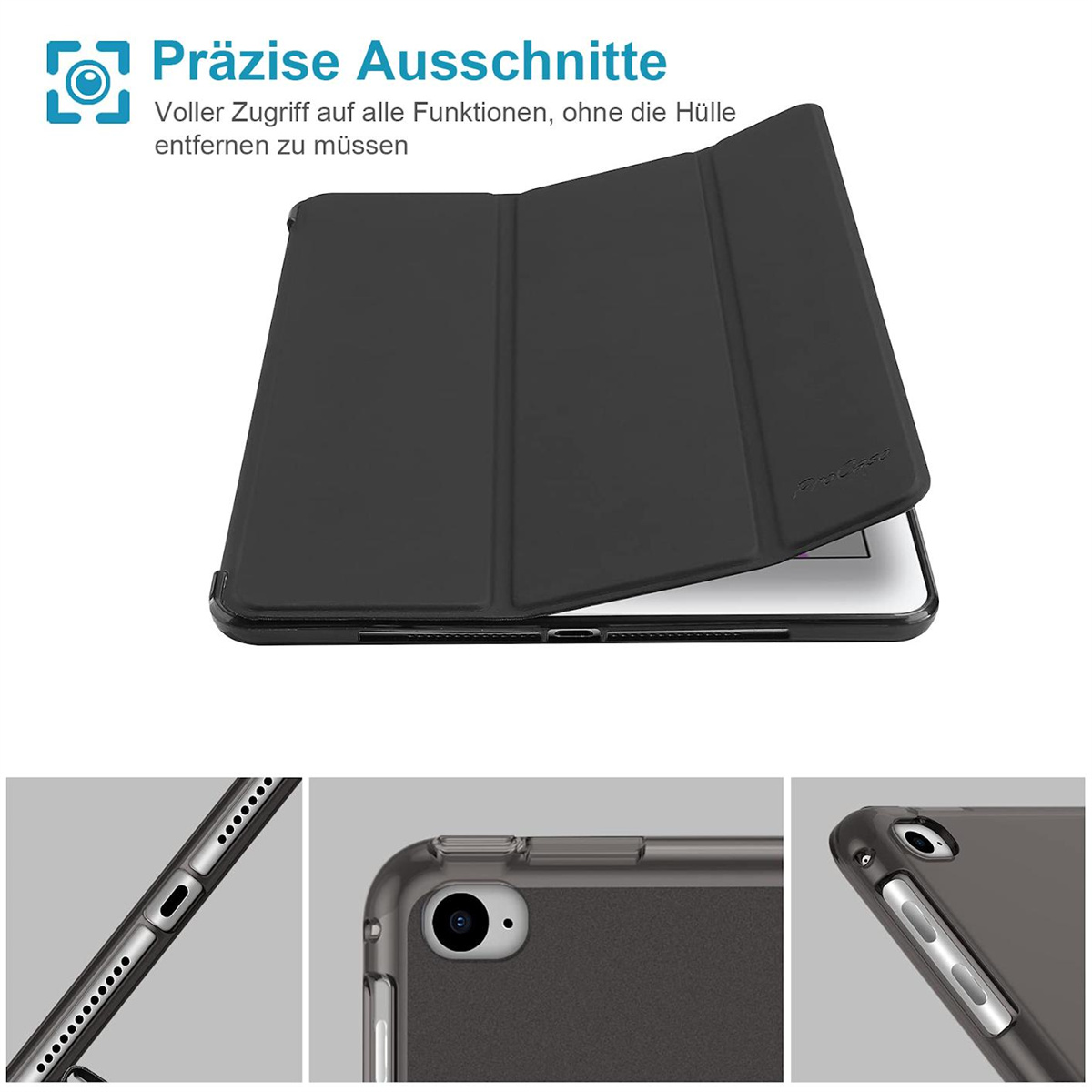 Schwarze iPad-Hülle. Enthält Detail- und Nahaufnahmen. Deutscher Text.
