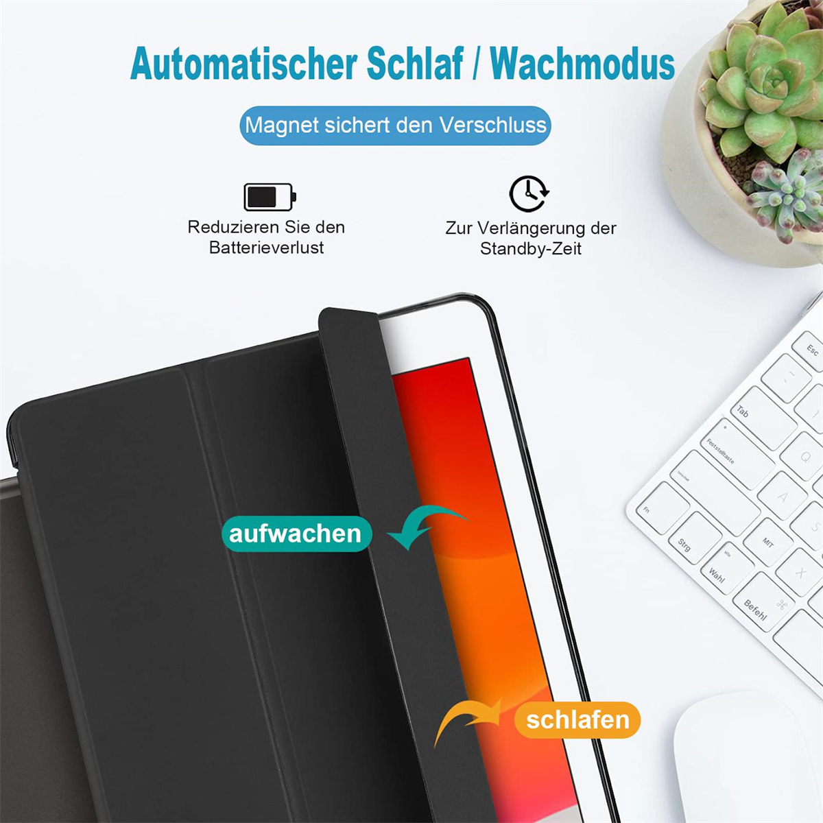 Tablet mit Hülle. Cover zeigt Diagramm zu Schlaf- und Wachmodi. Weiße Tastatur.