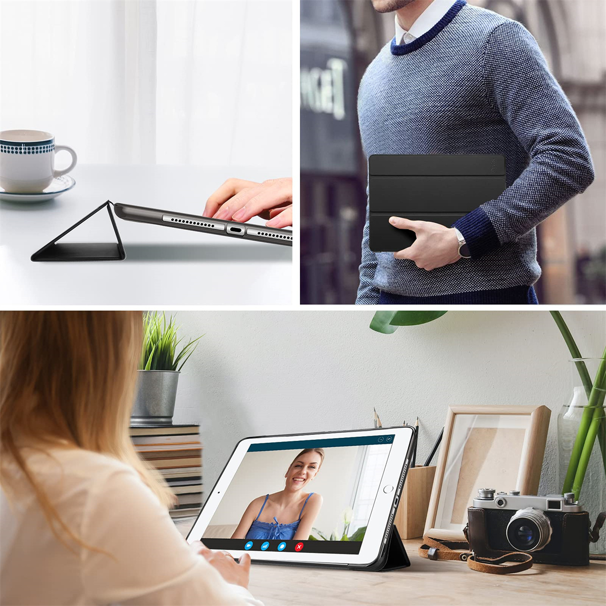 Eine Collage von Bildern, die ein Tablet, eine Person, die es benutzt, und eine Hülle zeigen. Zuhause und unterwegs.
