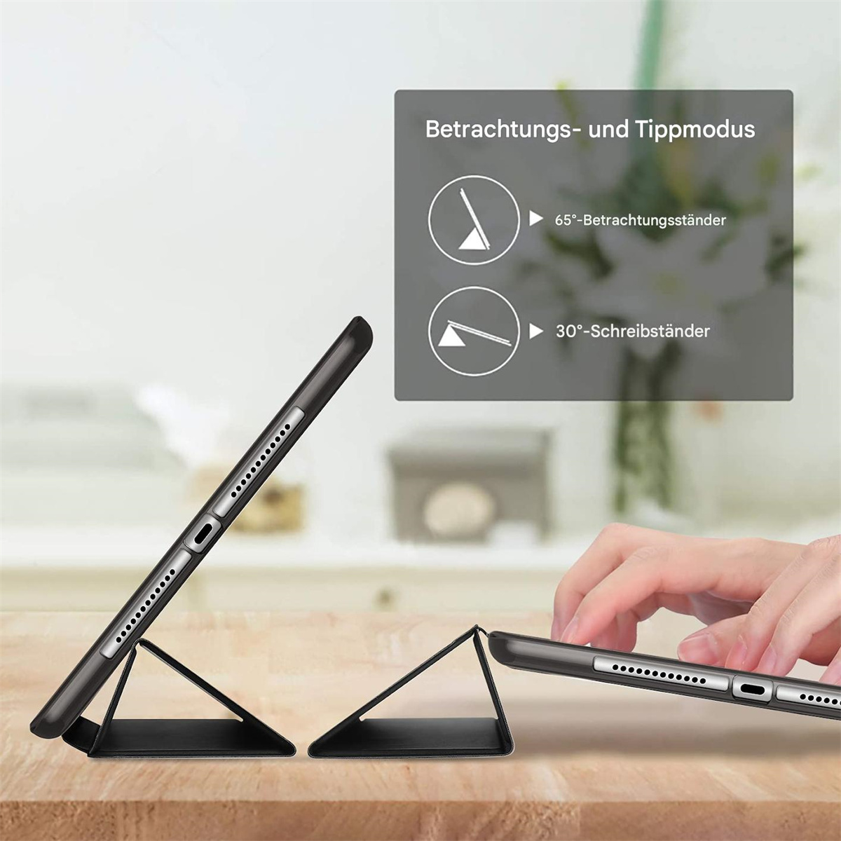 Eine schwarze iPad-Hülle in zwei Positionen. Eine um 65 Grad, die andere um 30 Grad geneigt.