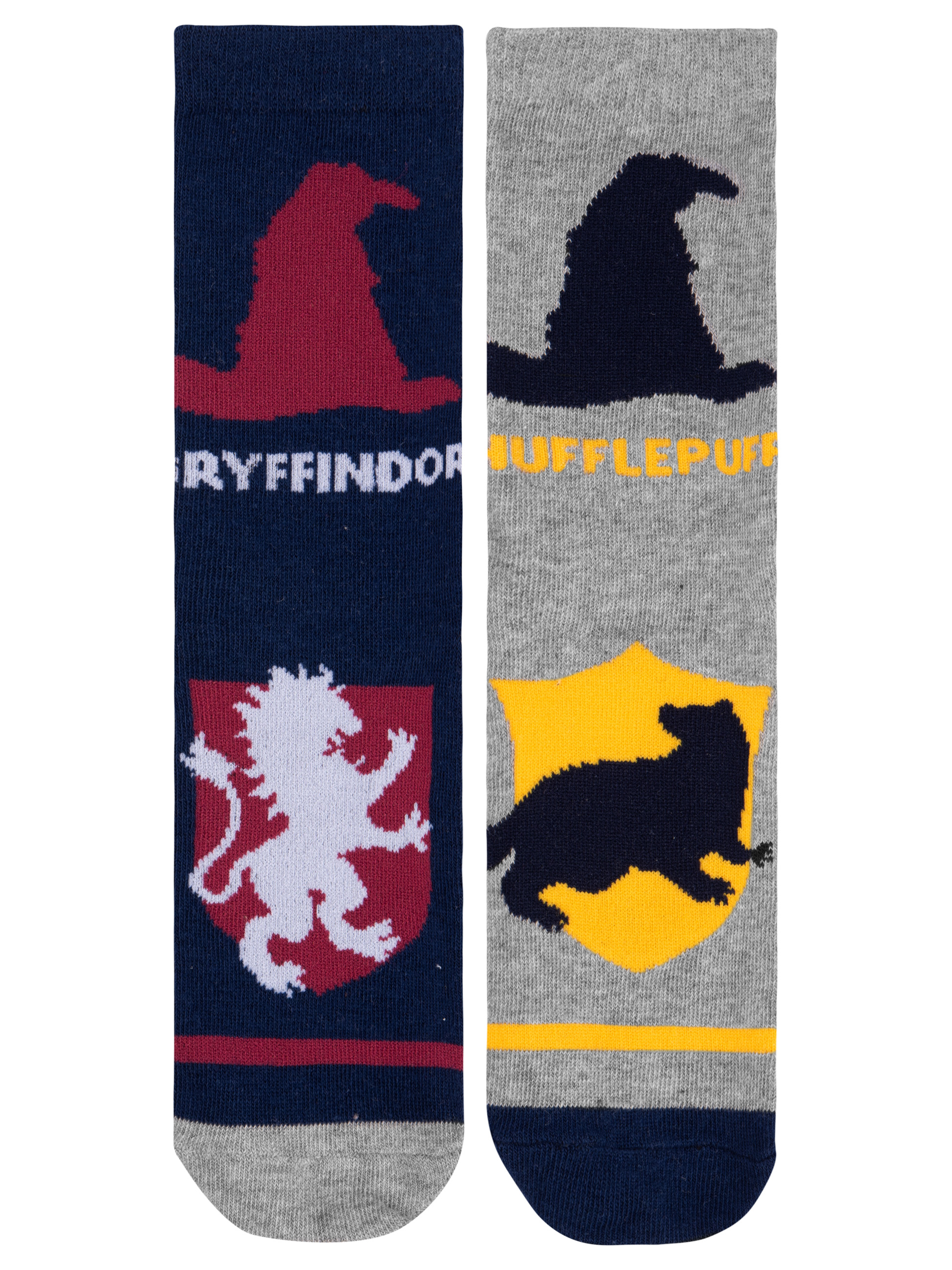 Sockenpaar; eine marineblaue mit Gryffindor, die andere graue mit Hufflepuff-Emblemen.