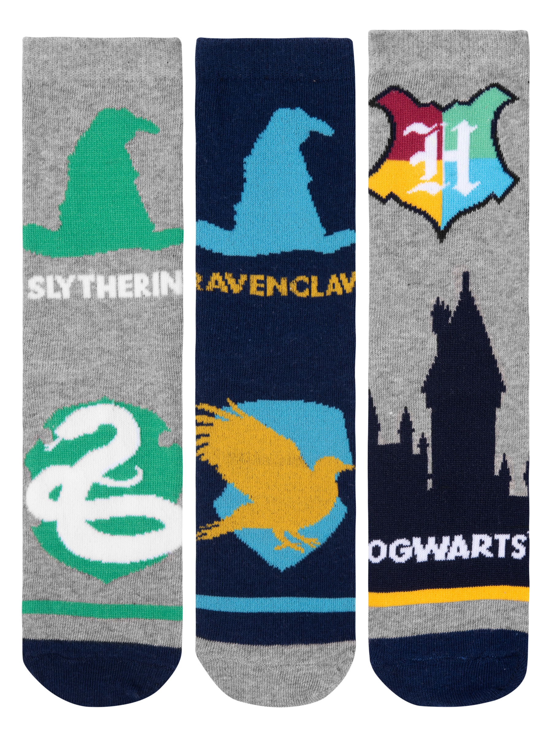 Drei Paar Harry-Potter-Socken, Slytherin, Ravenclaw und Hogwarts.