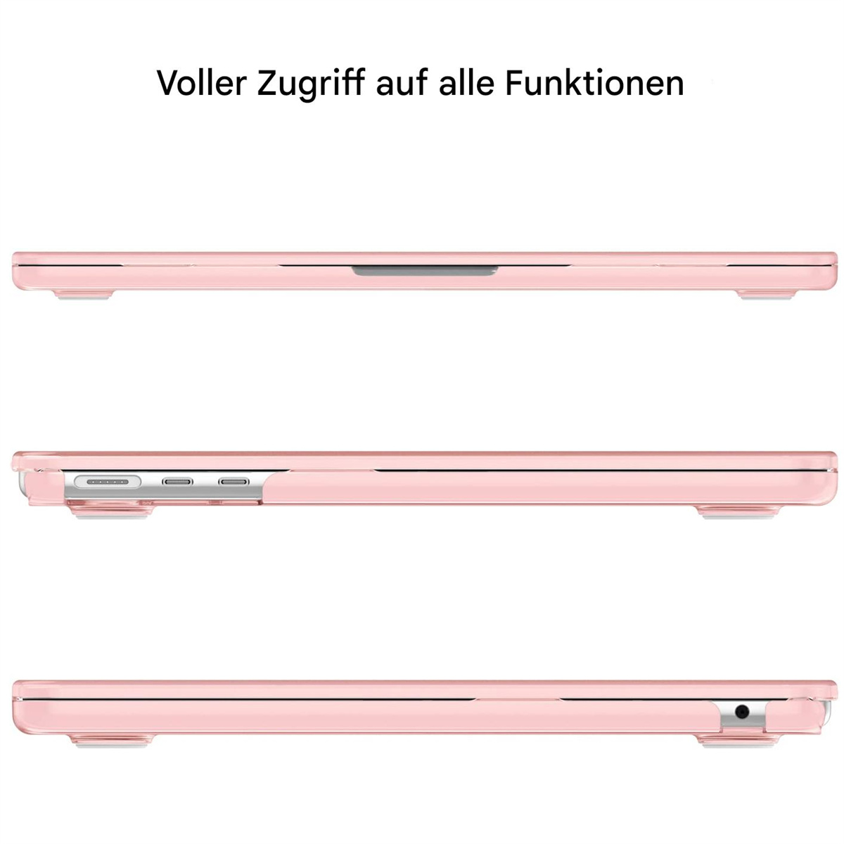 Seitenansichten eines pinkfarbenen Laptops, die Anschlüsse und Designdetails zeigen. Text auf Deutsch.