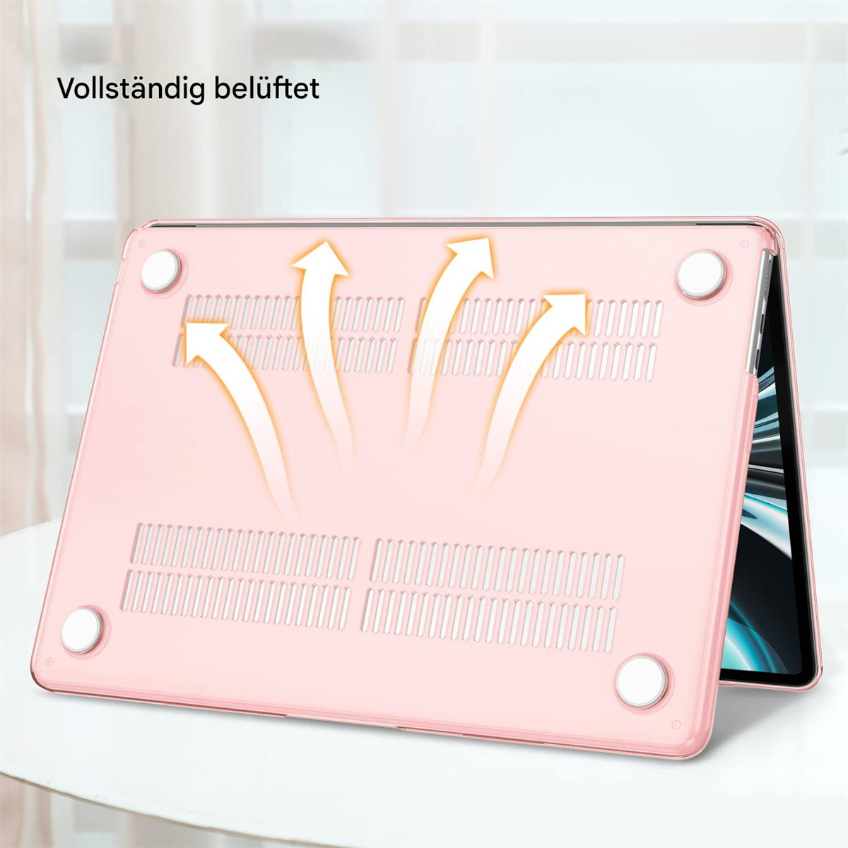 Eine pinke Laptop-Hülle mit Pfeilen, die die Luftzirkulation zeigen. Weißer Hintergrund.