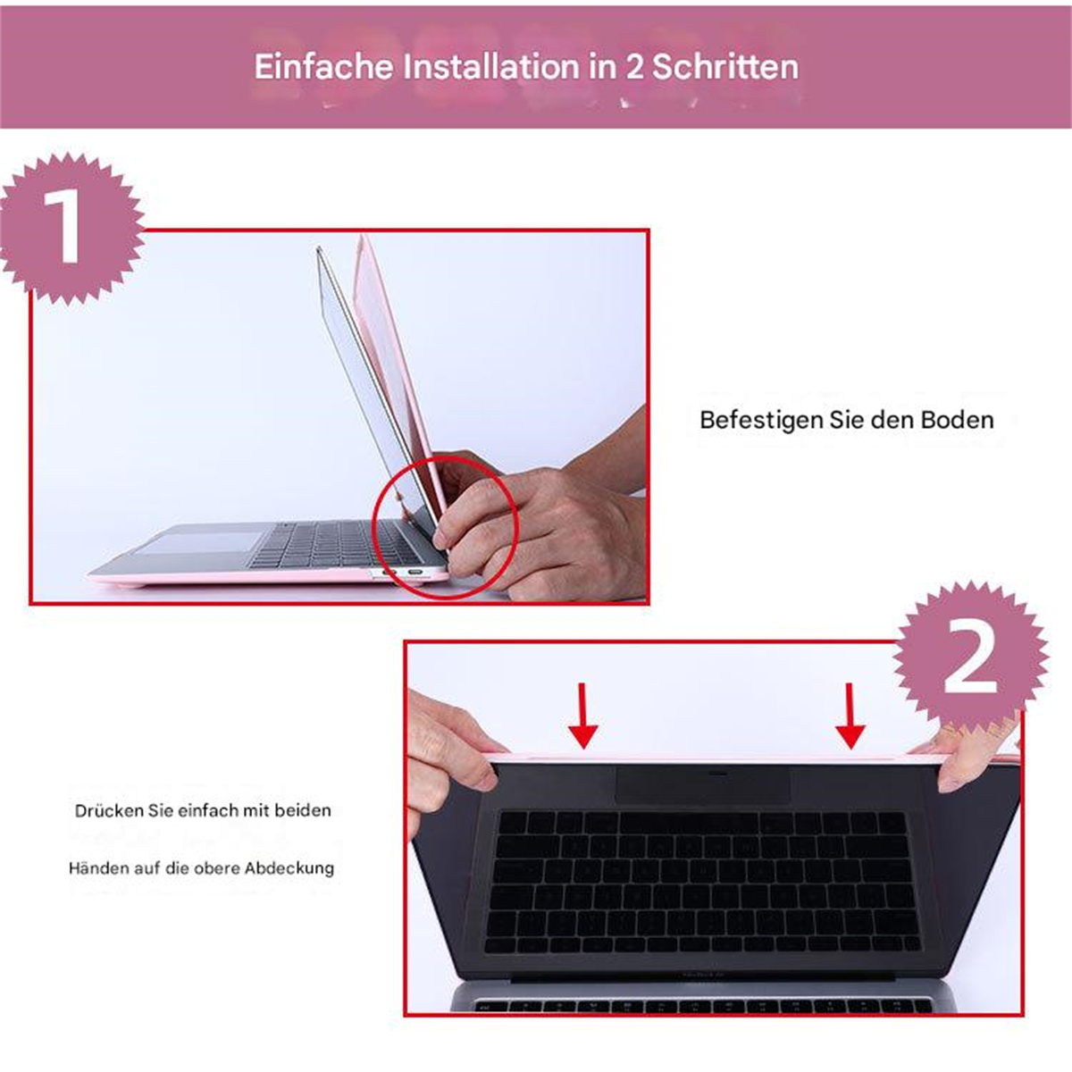 Anleitung: Laptop-Displayschutz anbringen. Schritt 1: Ausrichten. Schritt 2: Anbringen.