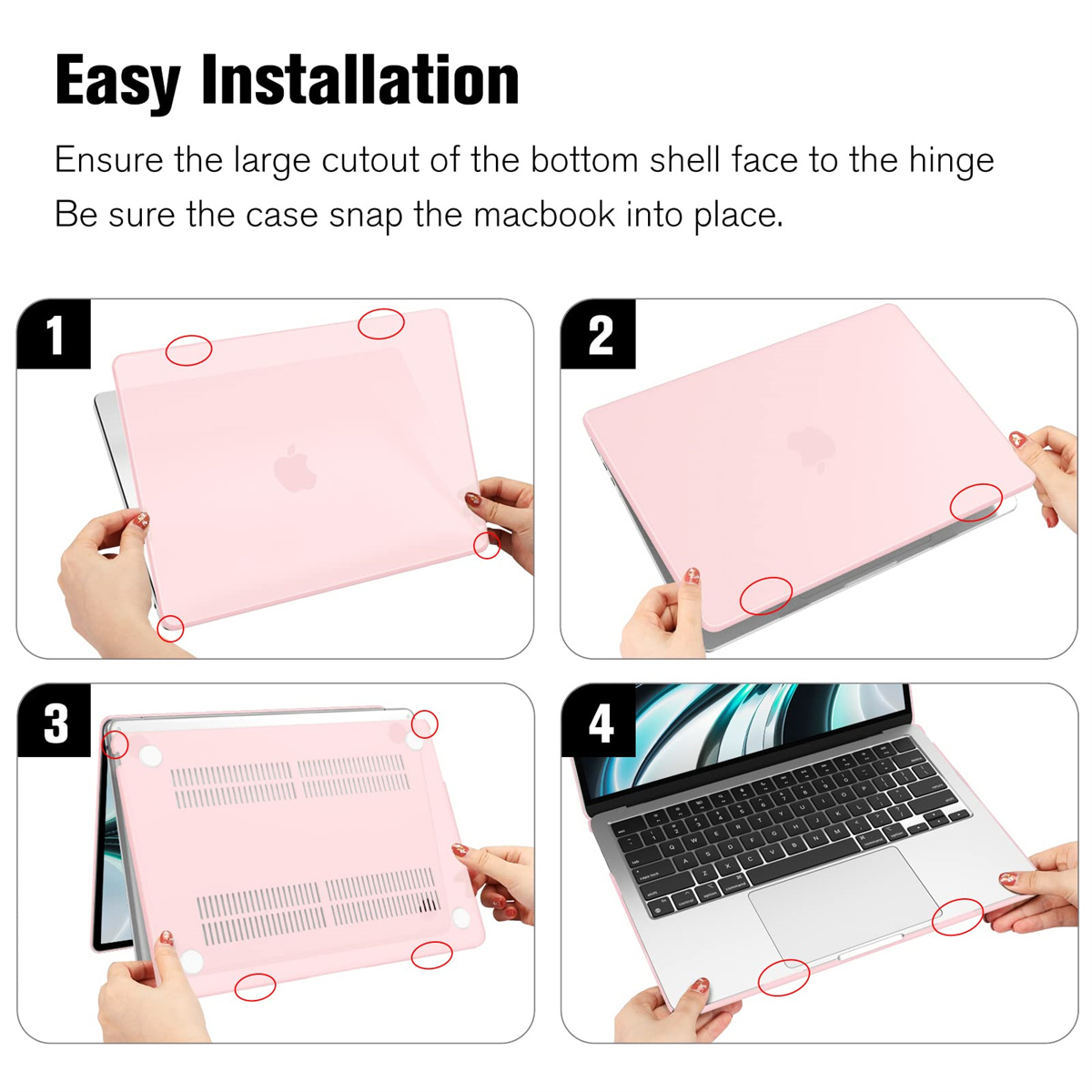 Vier Bilder zeigen, wie man eine rosa Laptop-Hülle installiert. Hände halten die Hülle am Laptop.