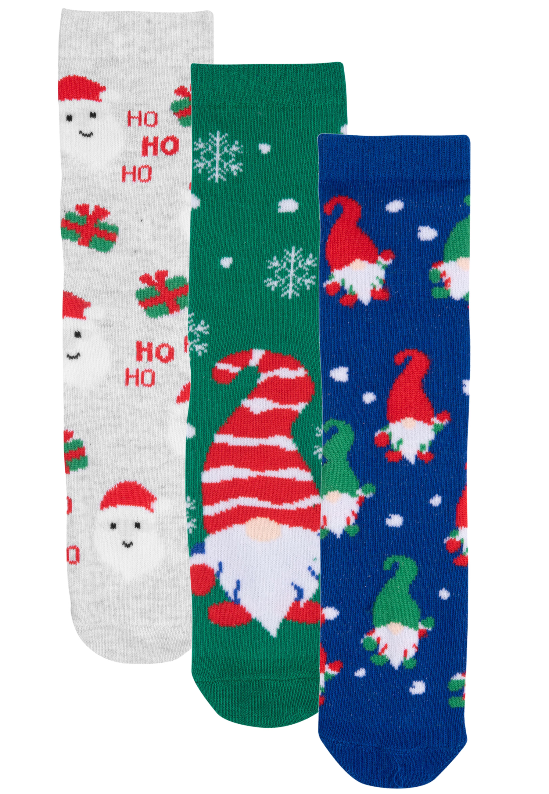 Drei Weihnachtssocken, eine mit Weihnachtsmännern, eine mit Wichteln und eine mit Schneeflocken.
