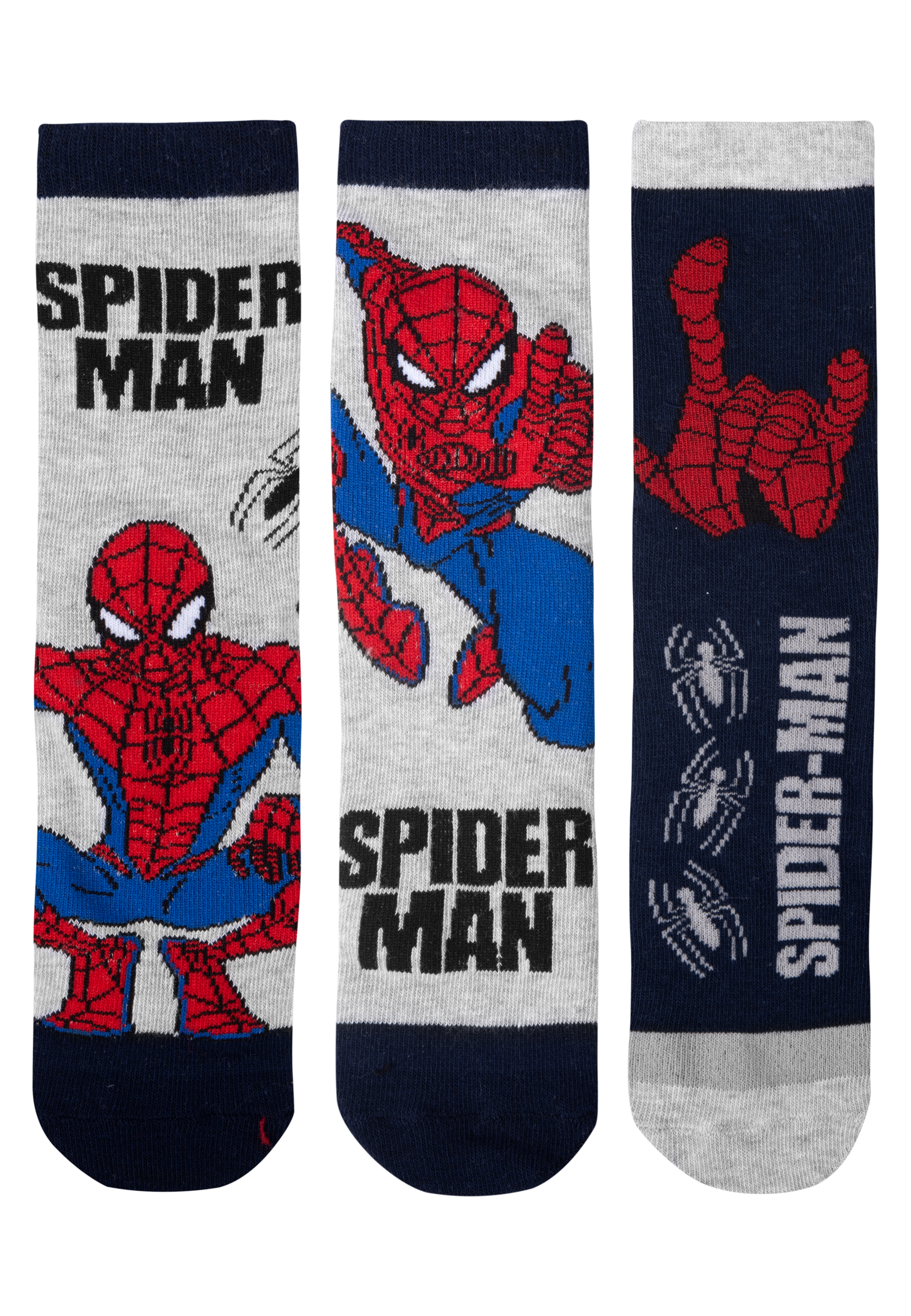 Drei Spiderman-Socken: Spiderman posiert und Logo. Die Socken haben graue und blaue Farben.
