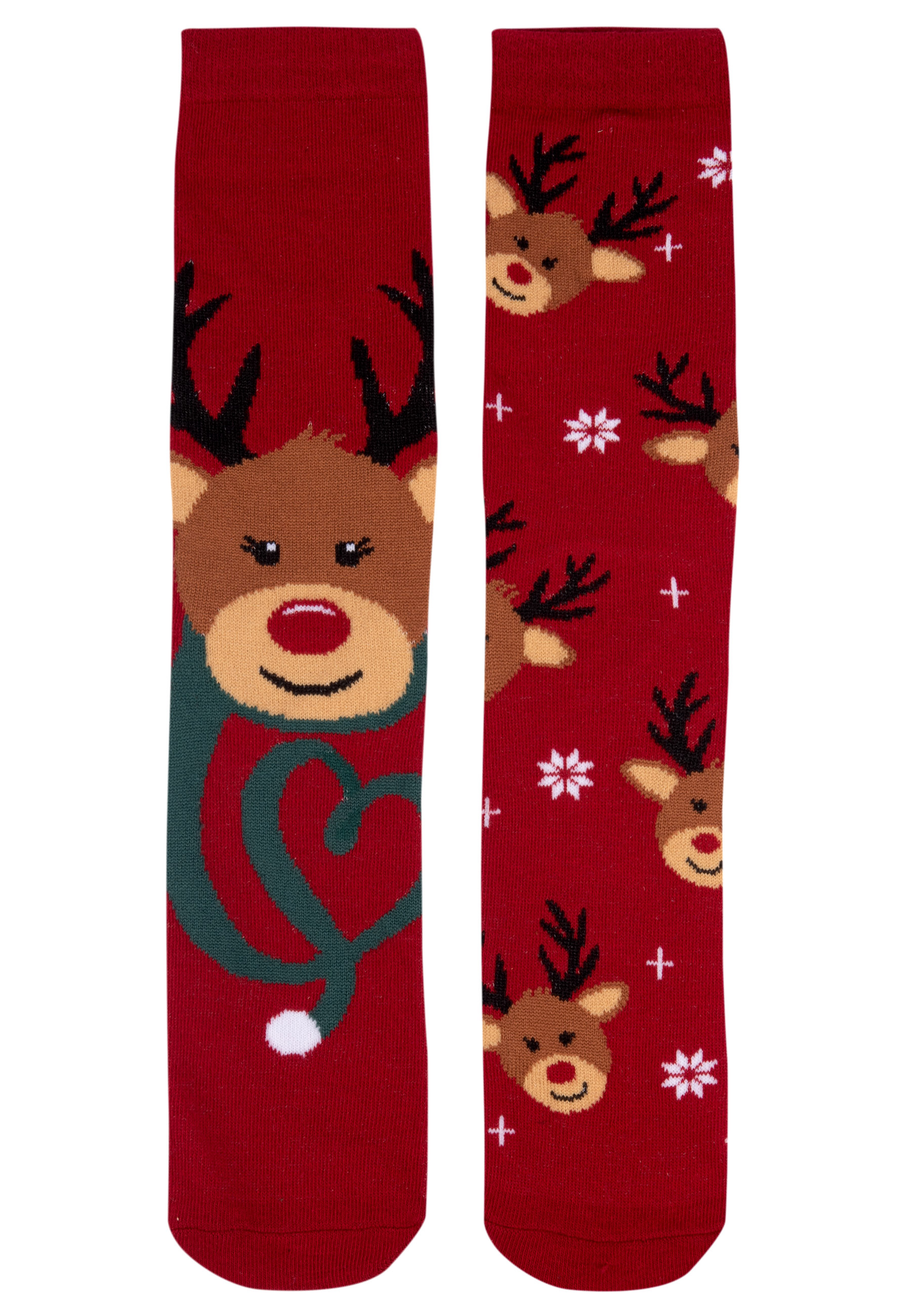 Zwei Paar rote Weihnachtssocken mit Rentier- und Schneeflockenmustern.