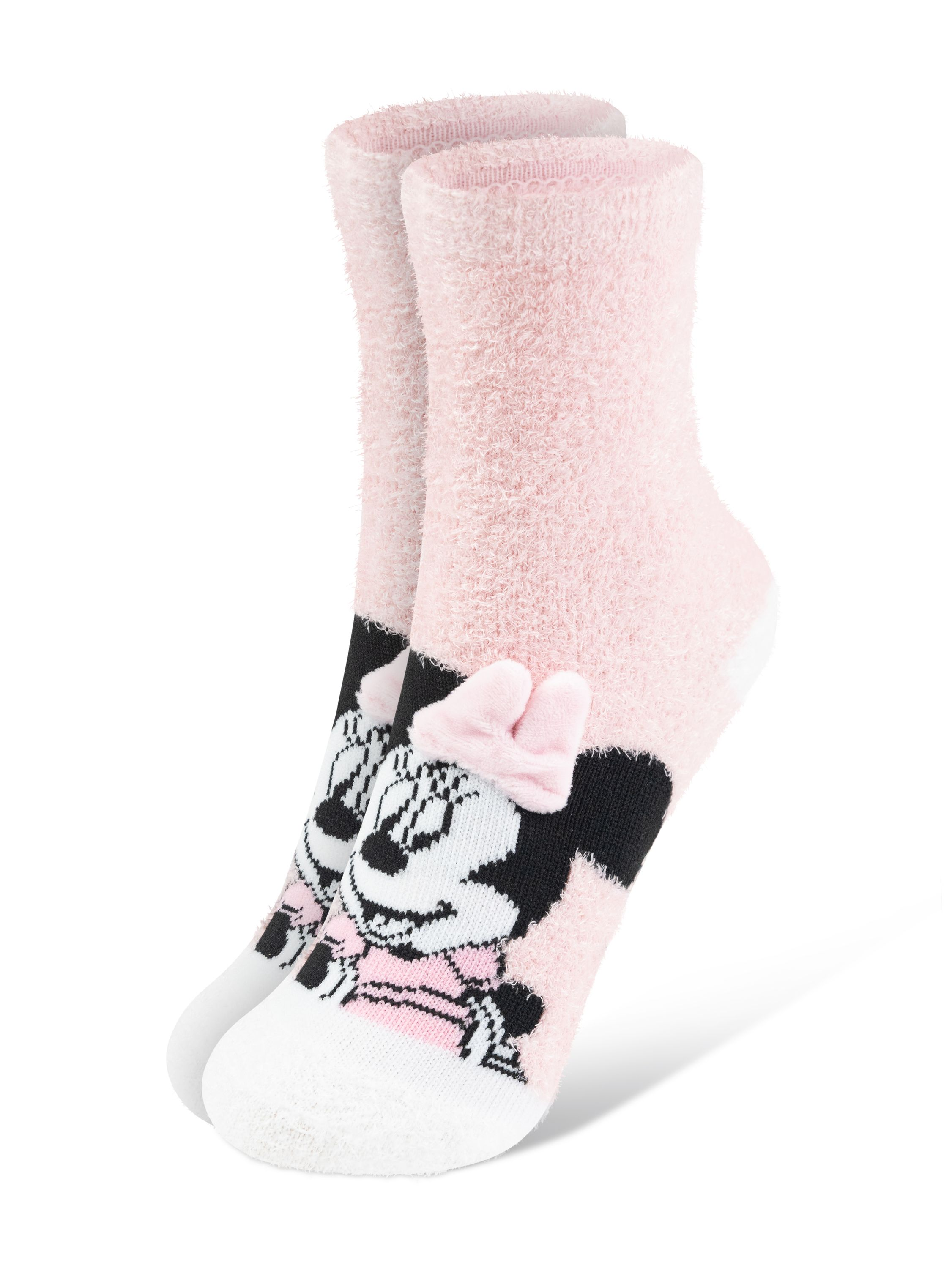 Rosa Minnie-Maus-Socken mit weißen Zehen und Fersen. Minnie's Gesicht und eine rosa Schleife sind auf der Seite der Socken.