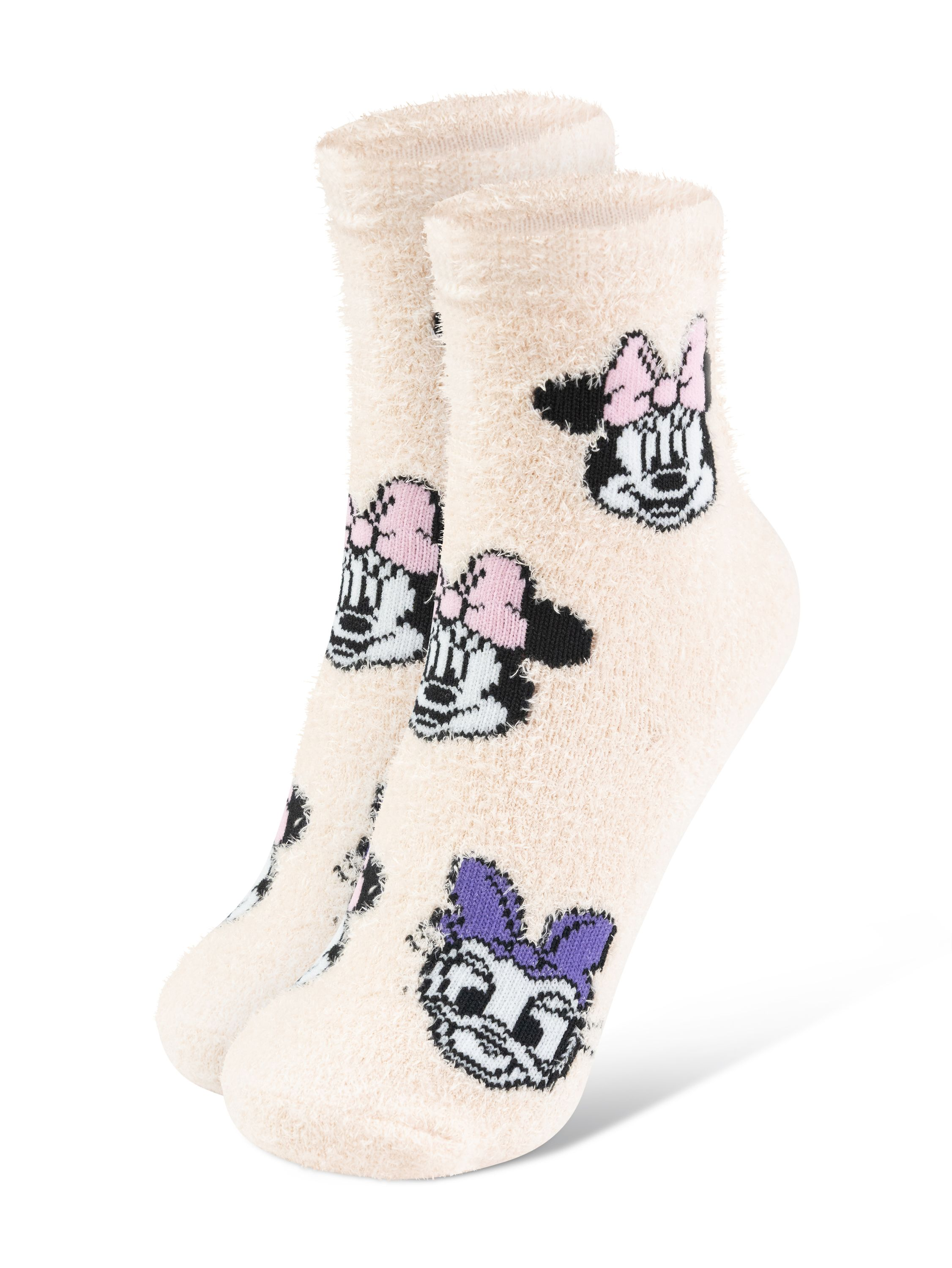 Paar cremefarbene Socken mit Minnie-Mouse-Gesichtern und Schleifen. Weißer Hintergrund.