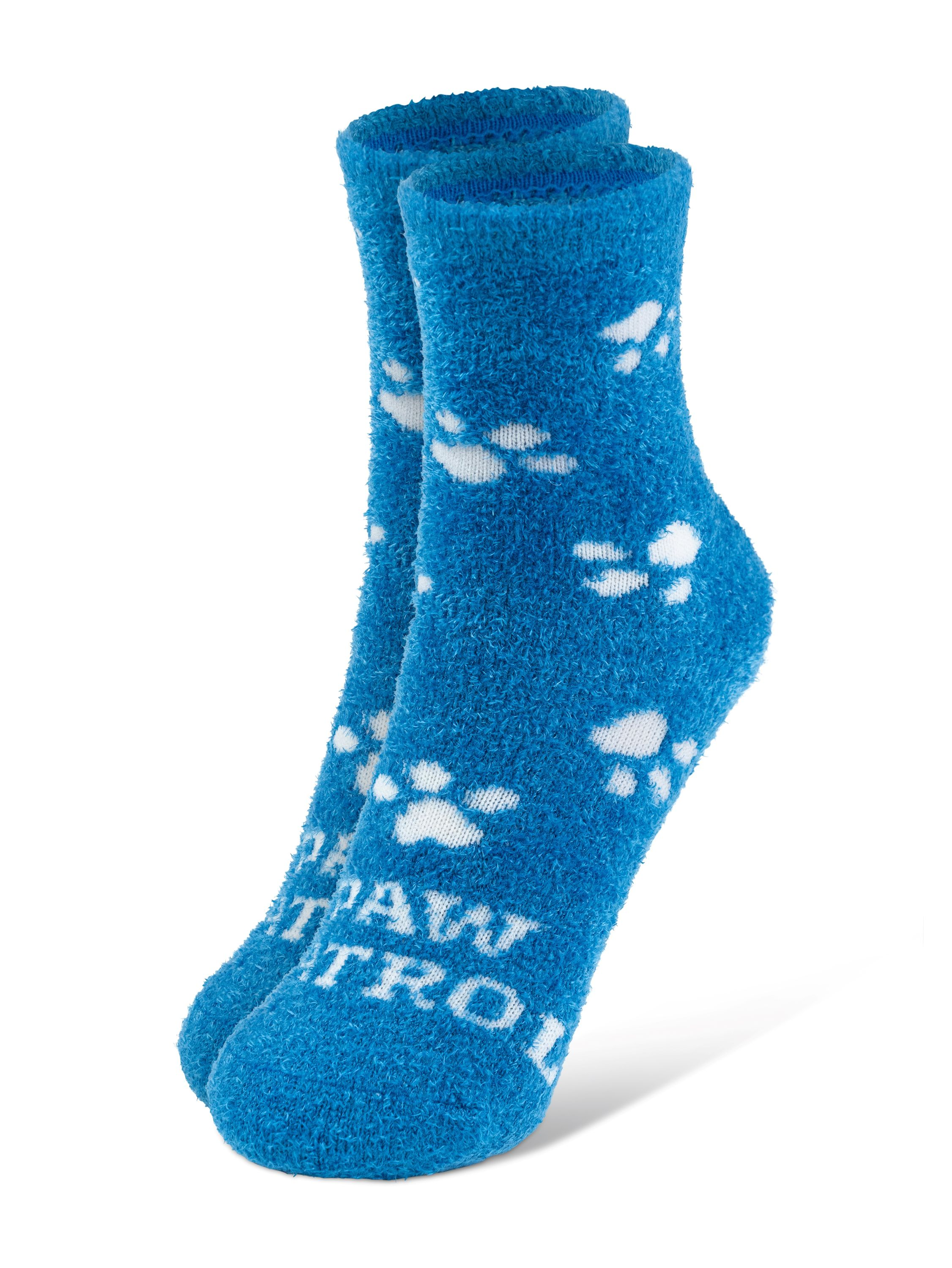 Ein Paar blaue Socken mit weißen Pfotenabdrücken und den Worten PAW PATROL.
