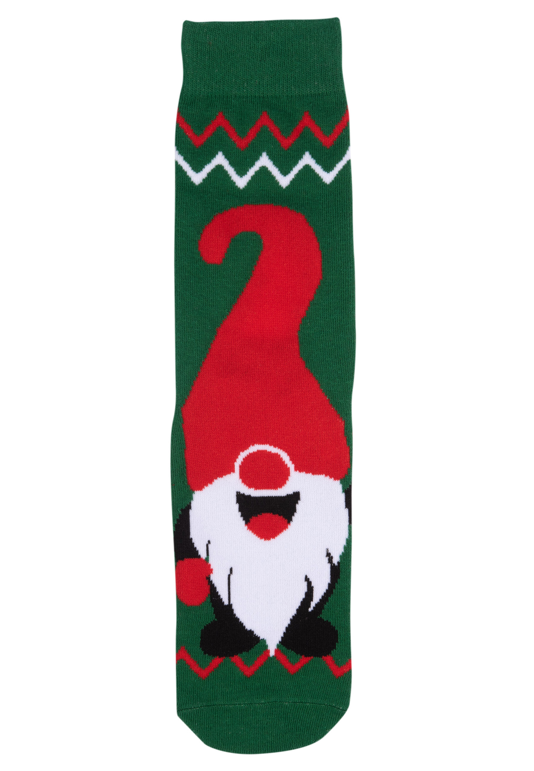 Grüne Weihnachtssocke mit einem Wichtel-Design. Roter Hut und Bart. Isoliert auf weißem Hintergrund.