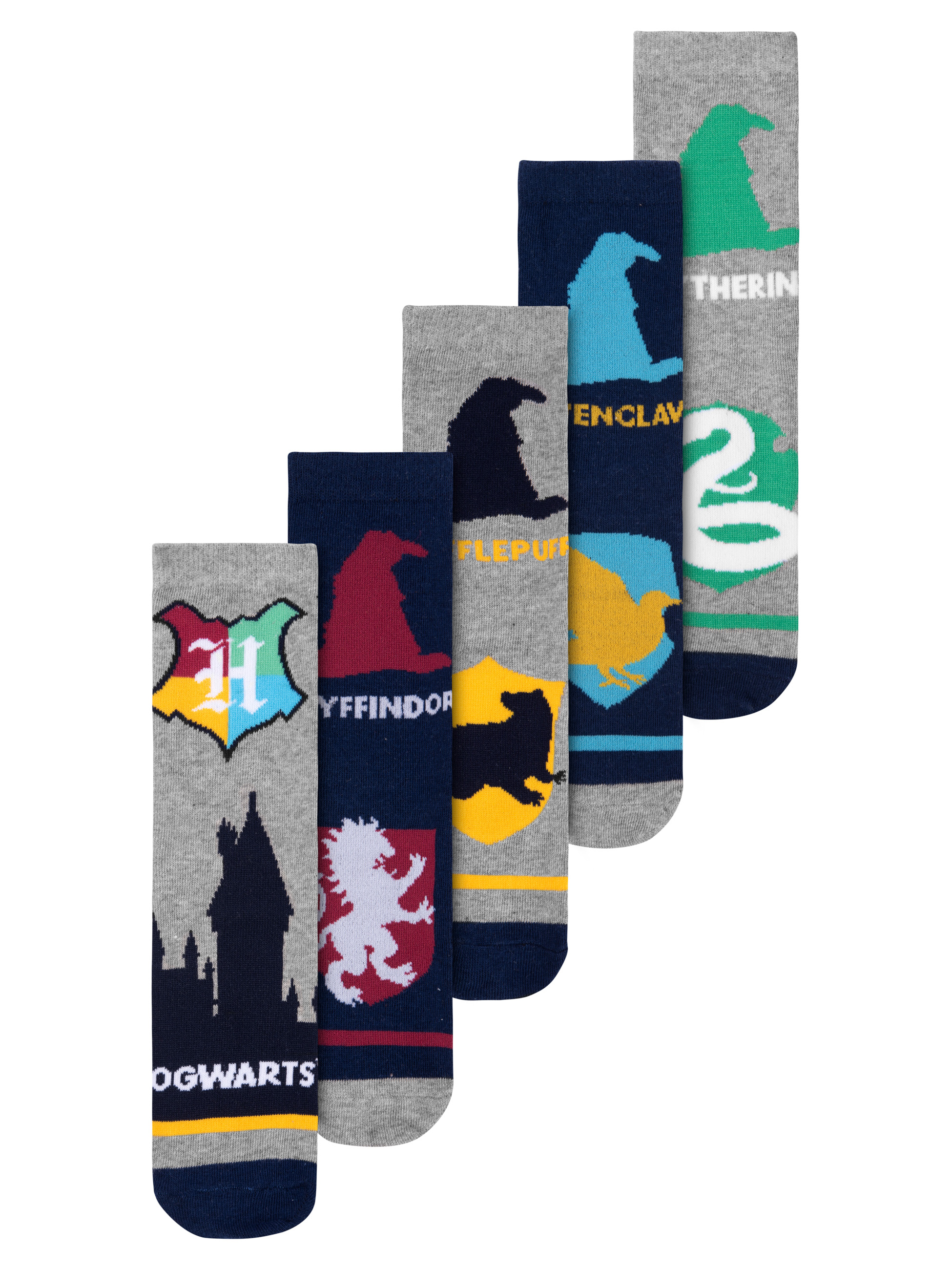 Sechs Harry Potter Socken. Schulwappen. Grau, Marine, Gelb, Grün und Rot.