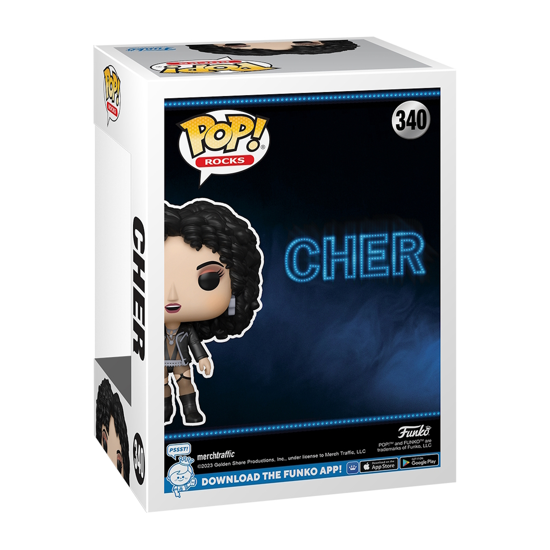 Eine Funko Pop-Box mit Cher. Die Figur ist sichtbar, mit Text und Logos.