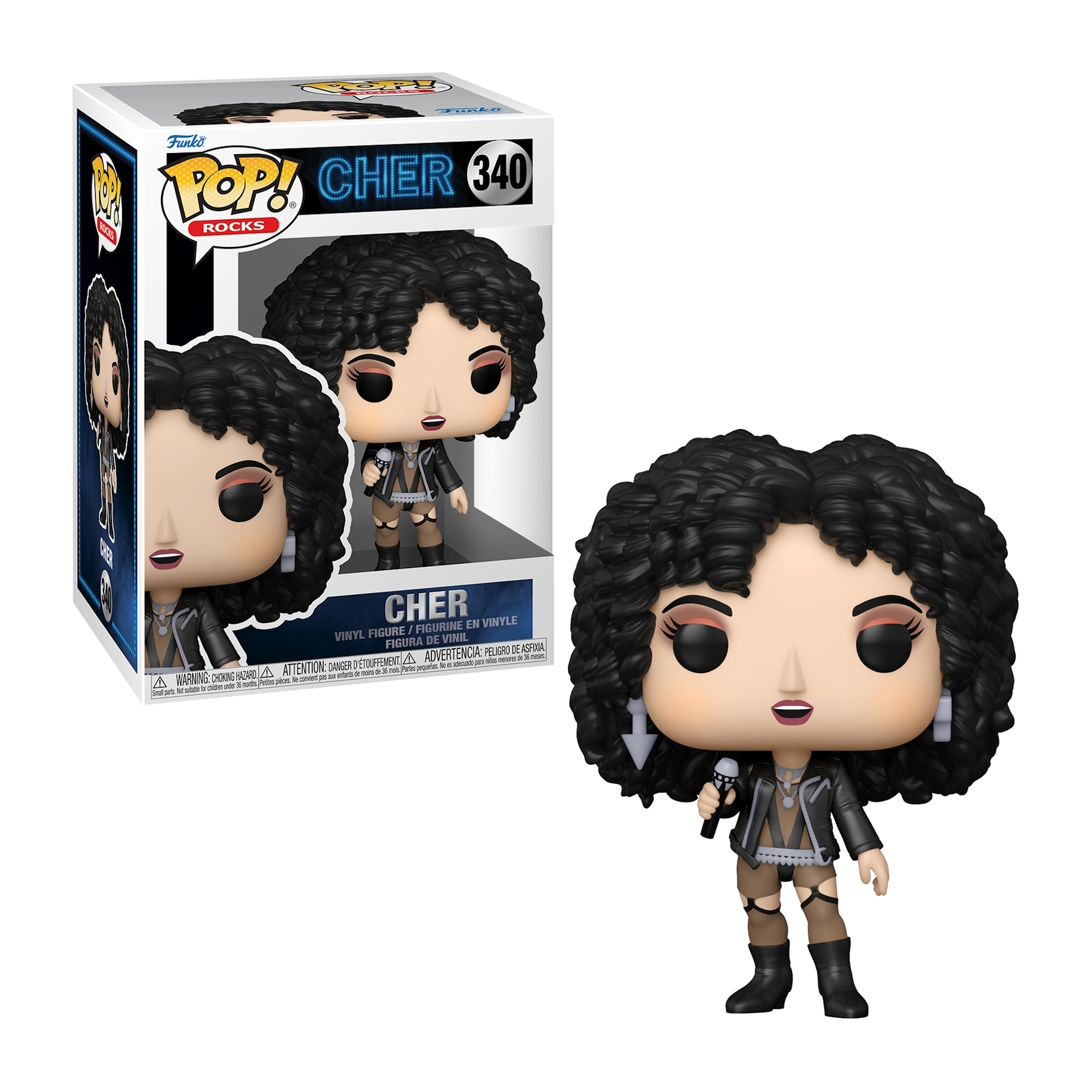 Eine Funko Pop Figur von Cher in einer Box, mit einer Figur draußen.