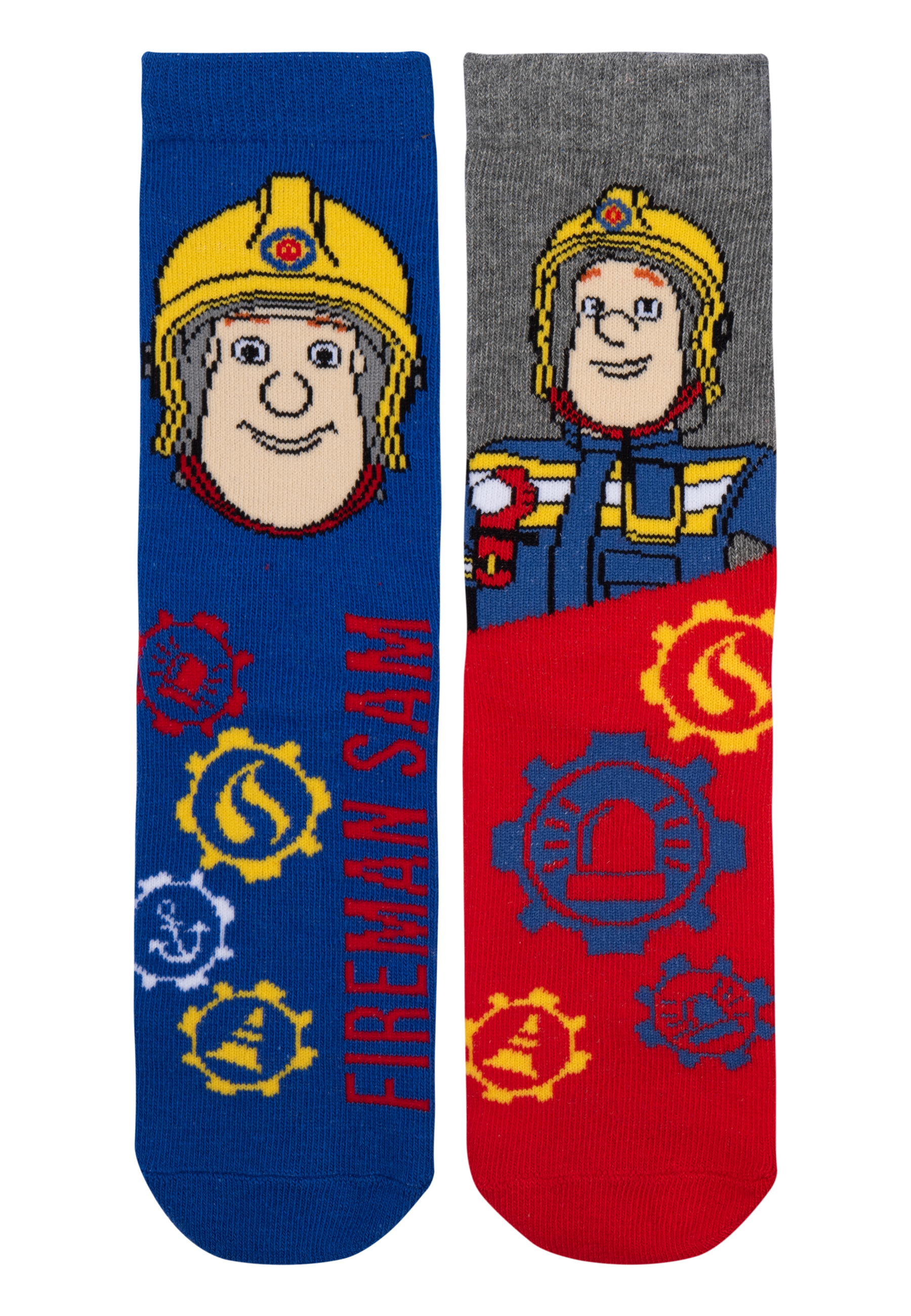 Feuerwehrmann Sam Socken. Blaue Socke mit Sam und Symbolen. Rote Socke mit Sam und Symbolen.