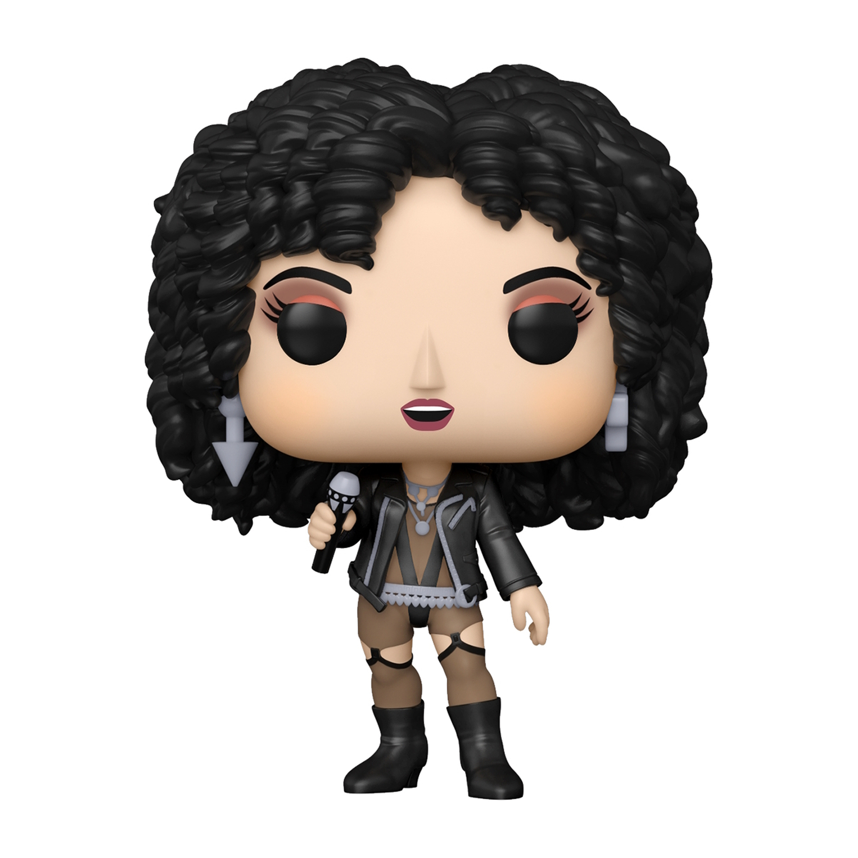 Eine Funko Pop Figur einer Frau mit lockigem, schwarzem Haar und einem Mikrofon.