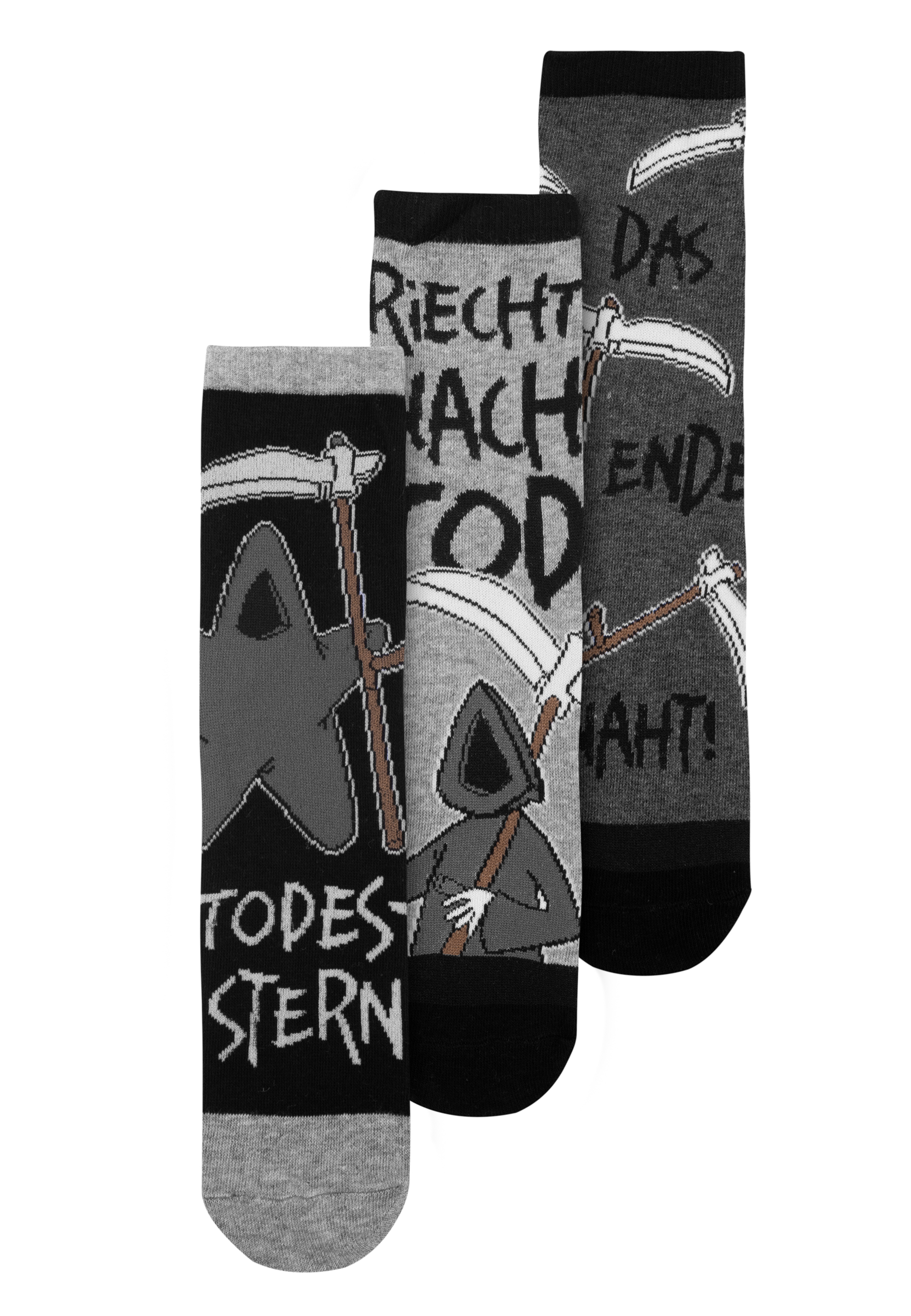 Drei Socken mit Sensenmann-Grafiken. Text beinhaltet 'Tod' und 'Todesstern'.