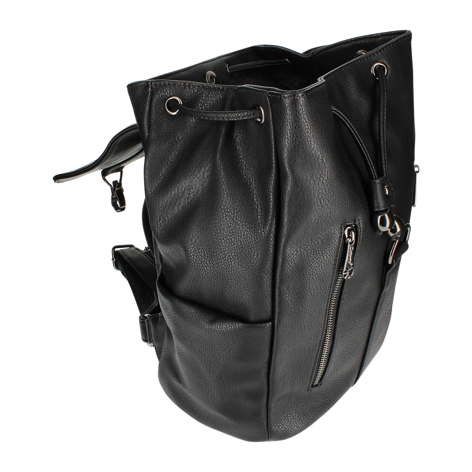 Schwarzer Lederrucksack mit Kordelzugverschluss.