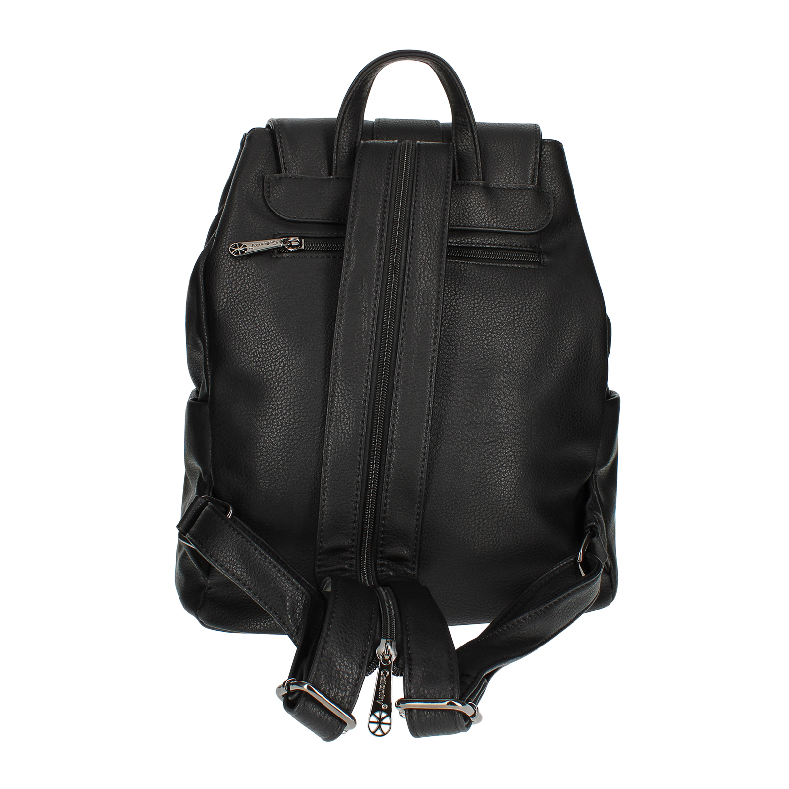Schwarzer Rucksack, Rückansicht, mit Reißverschluss und zwei Schultergurten, isoliert auf weißem Hintergrund.