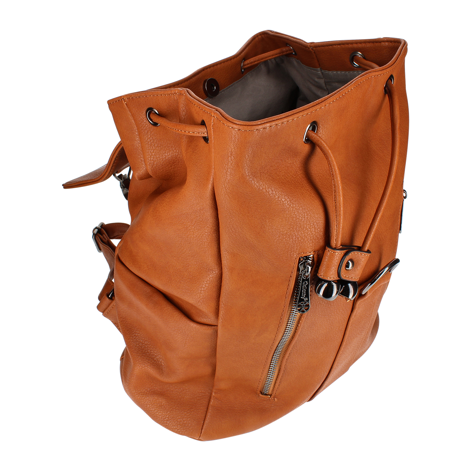 Mochila de cuero marrón, abierta, mostrando el interior sobre fondo blanco.