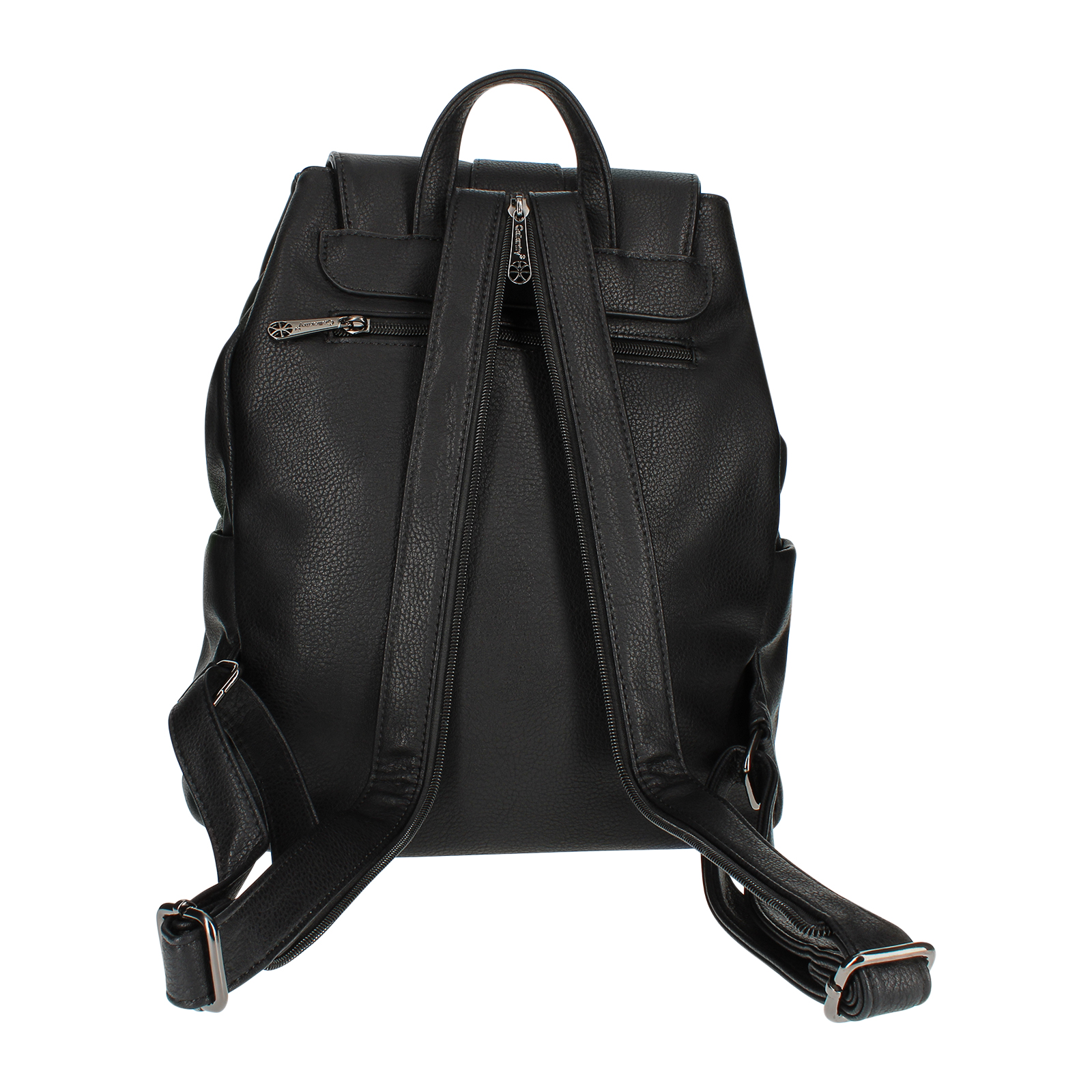 Schwarzer Rucksack mit Reißverschlüssen, Trägern und einem Griff auf weißem Hintergrund.