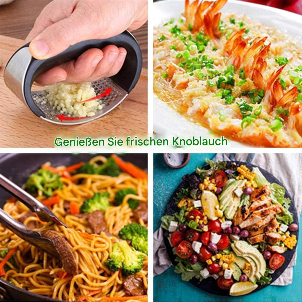 Eine Collage von Essensbildern: Knoblauchpresse, Garnelen, Nudeln und Salat.
