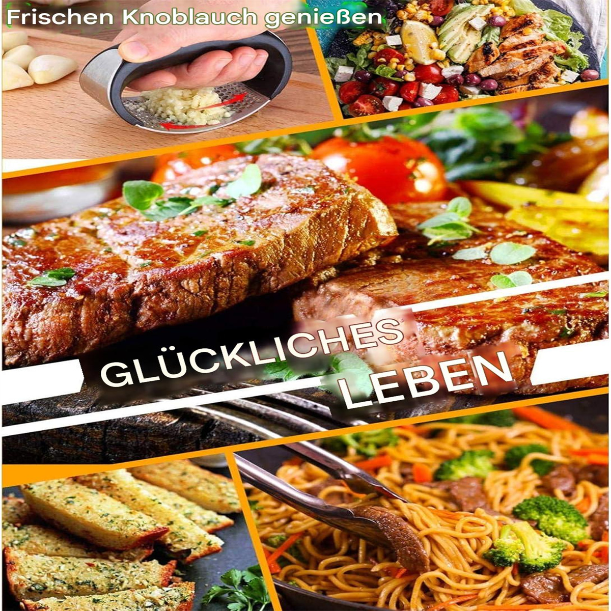 Collage der Essenszubereitung, einschließlich Knoblauchpresse, Steak, Salat und Nudeln mit Gemüse.