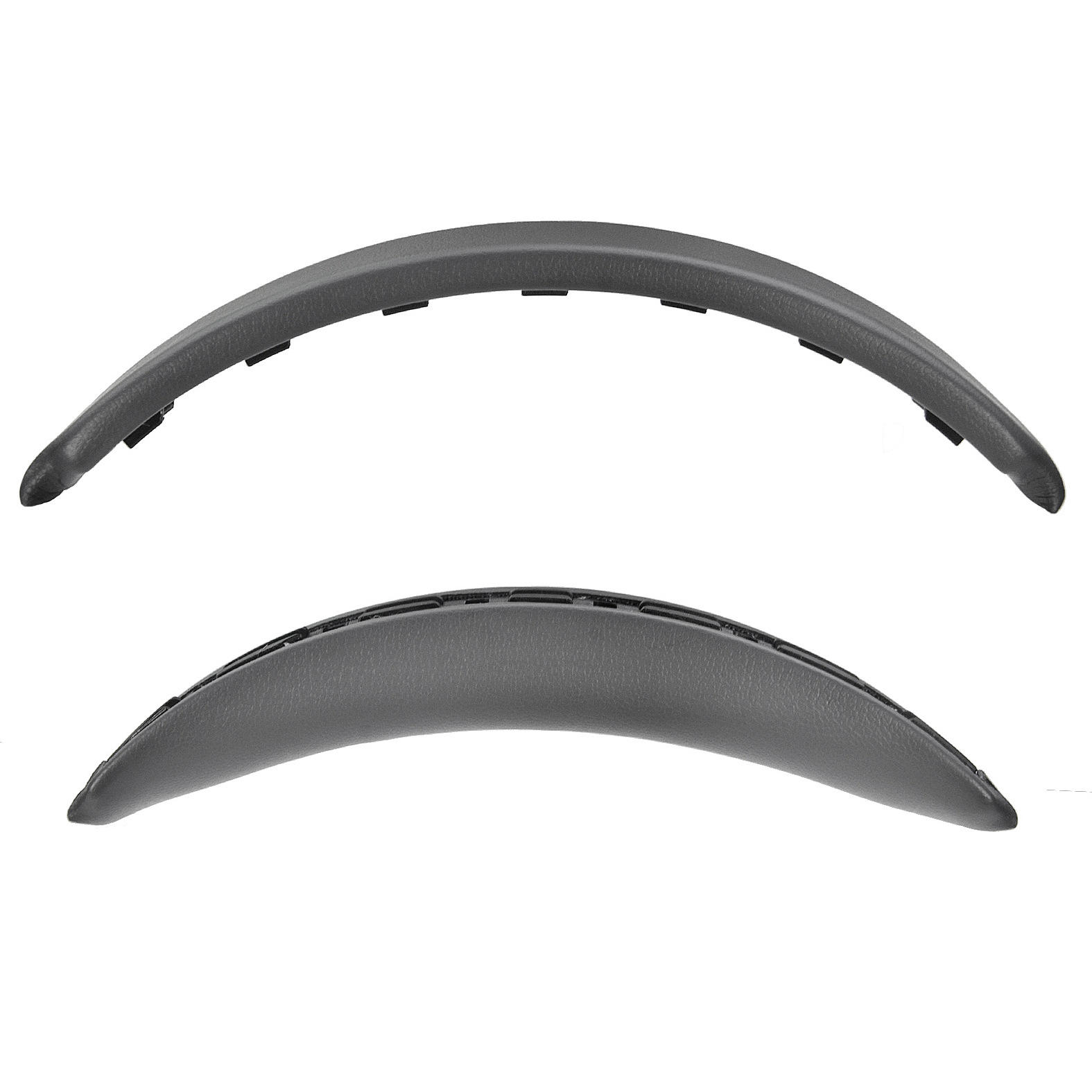Due braccioli grigio scuro con design ergonomico su sfondo bianco.