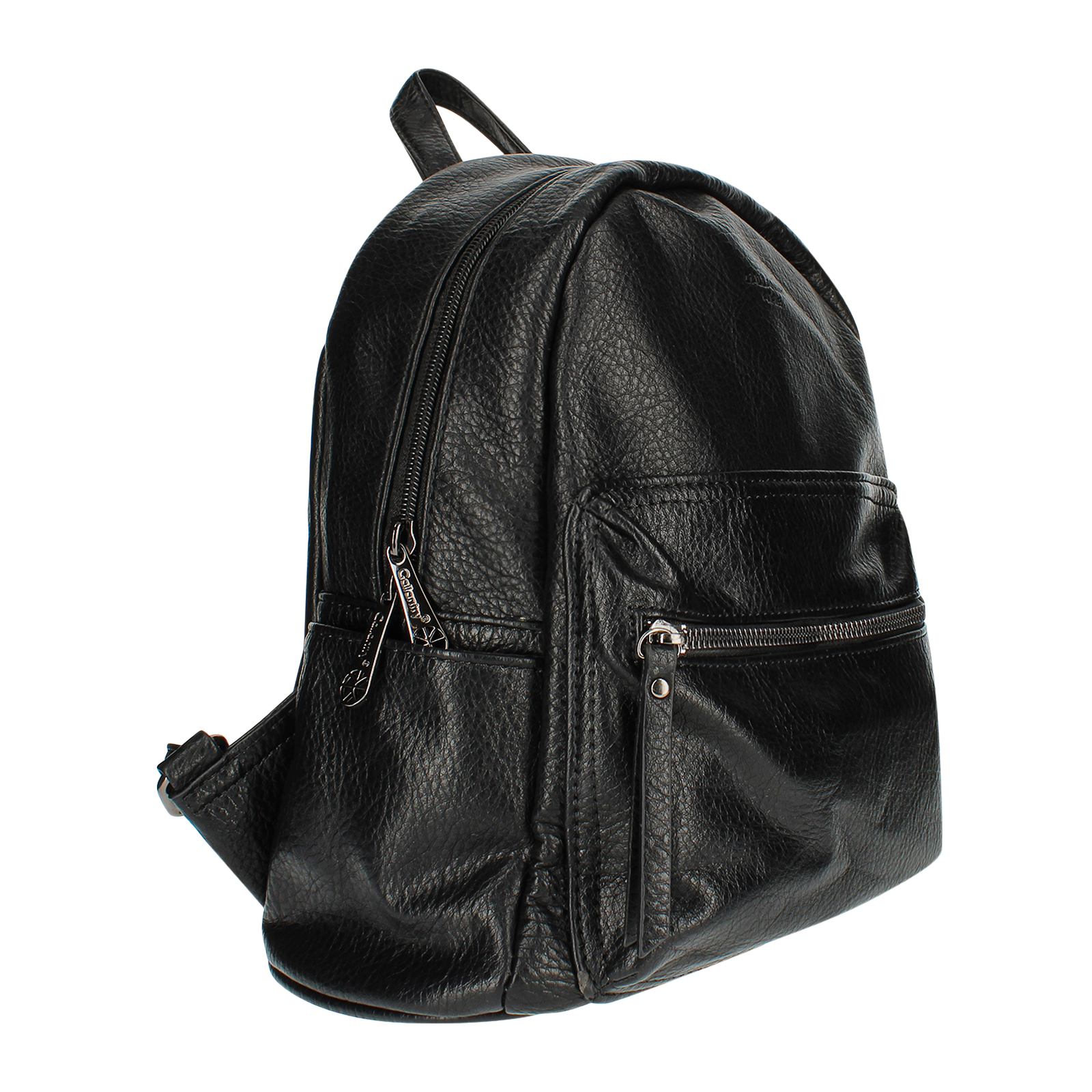 Ein schwarzer Lederrucksack mit mehreren Taschen und Reißverschlüssen, isoliert vor weißem Hintergrund.