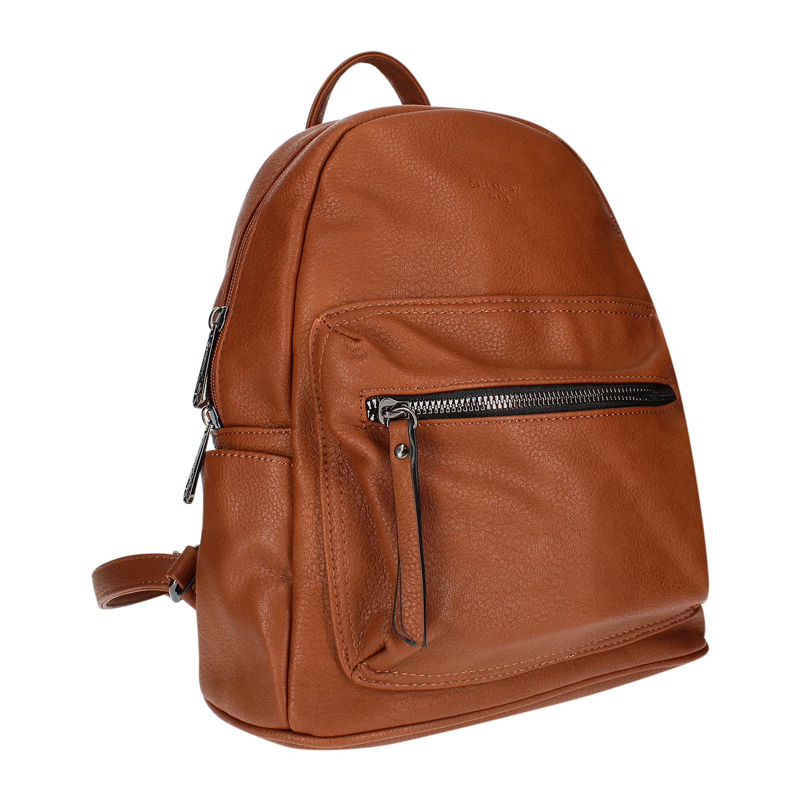 Brauner Lederrucksack mit Vordertasche und Reißverschlüssen.