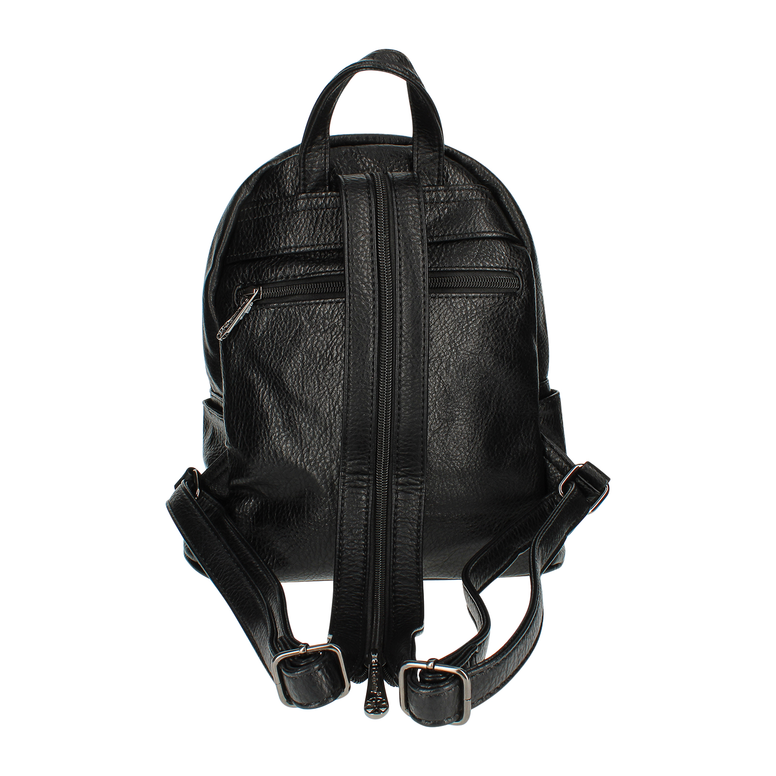 Schwarzer Rucksack. Rückansicht. Reißverschlüsse, Gurte und Schnallen sichtbar. Weißer Hintergrund.