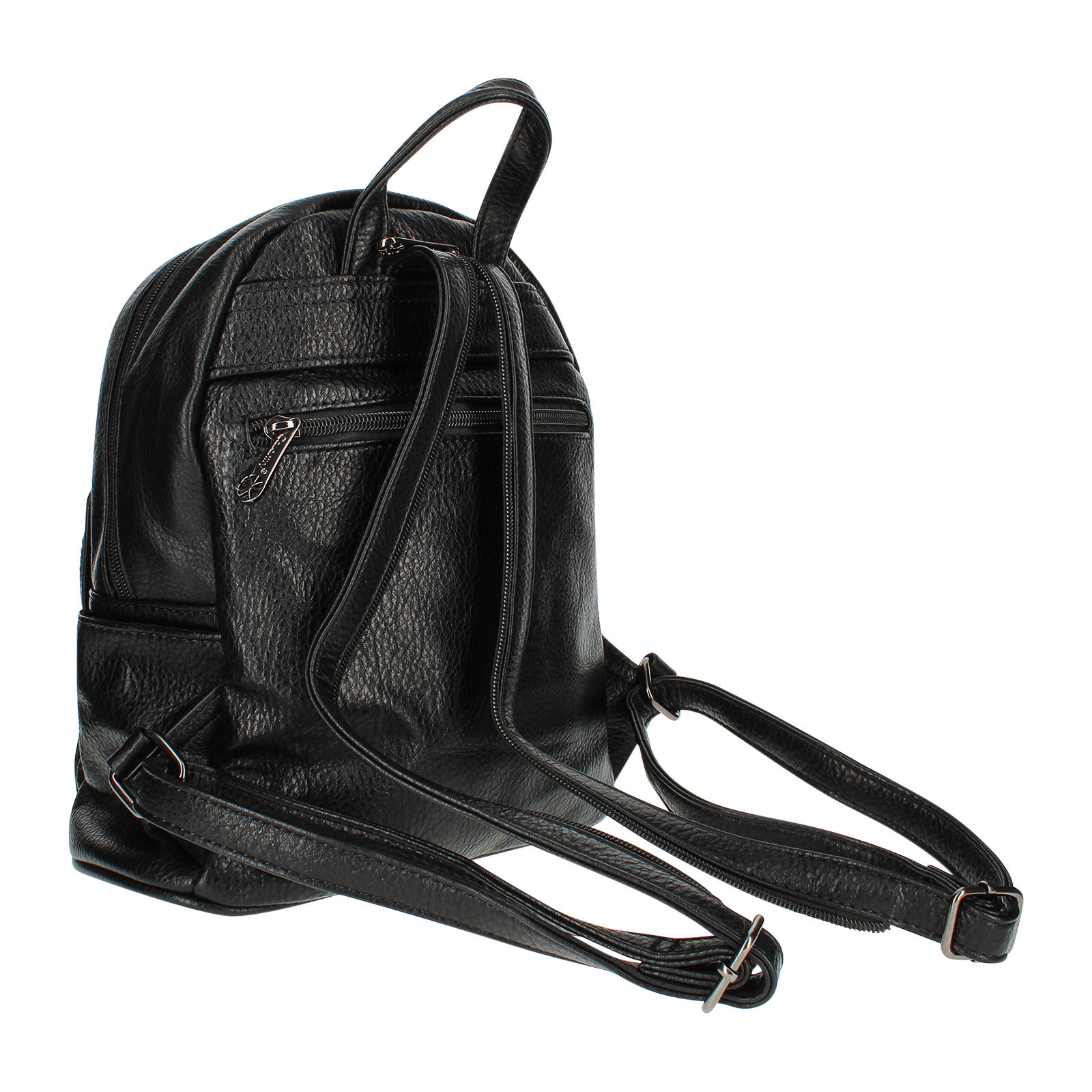 Schwarzer Rucksack mit mehreren Taschen, Reißverschlüssen und verstellbaren Trägern. Der Hintergrund ist weiß.