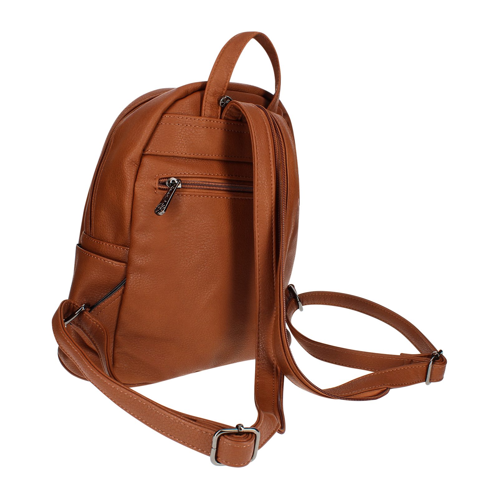 Brauner Lederrucksack. Mit Reißverschluss-Hauptfach, Vordertasche und verstellbaren Trägern.