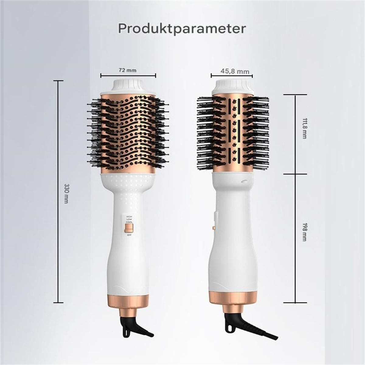 Zwei weiße und roségoldene Haarstyler, mit Maßen und den Worten Produktparameter.