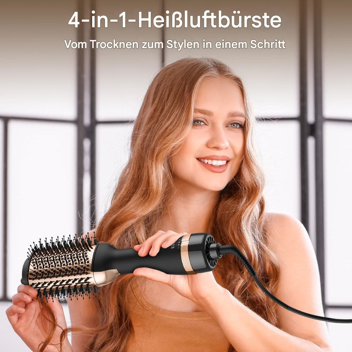 Frau mit Haarstyler, lächelnd, mit blonden Haaren.